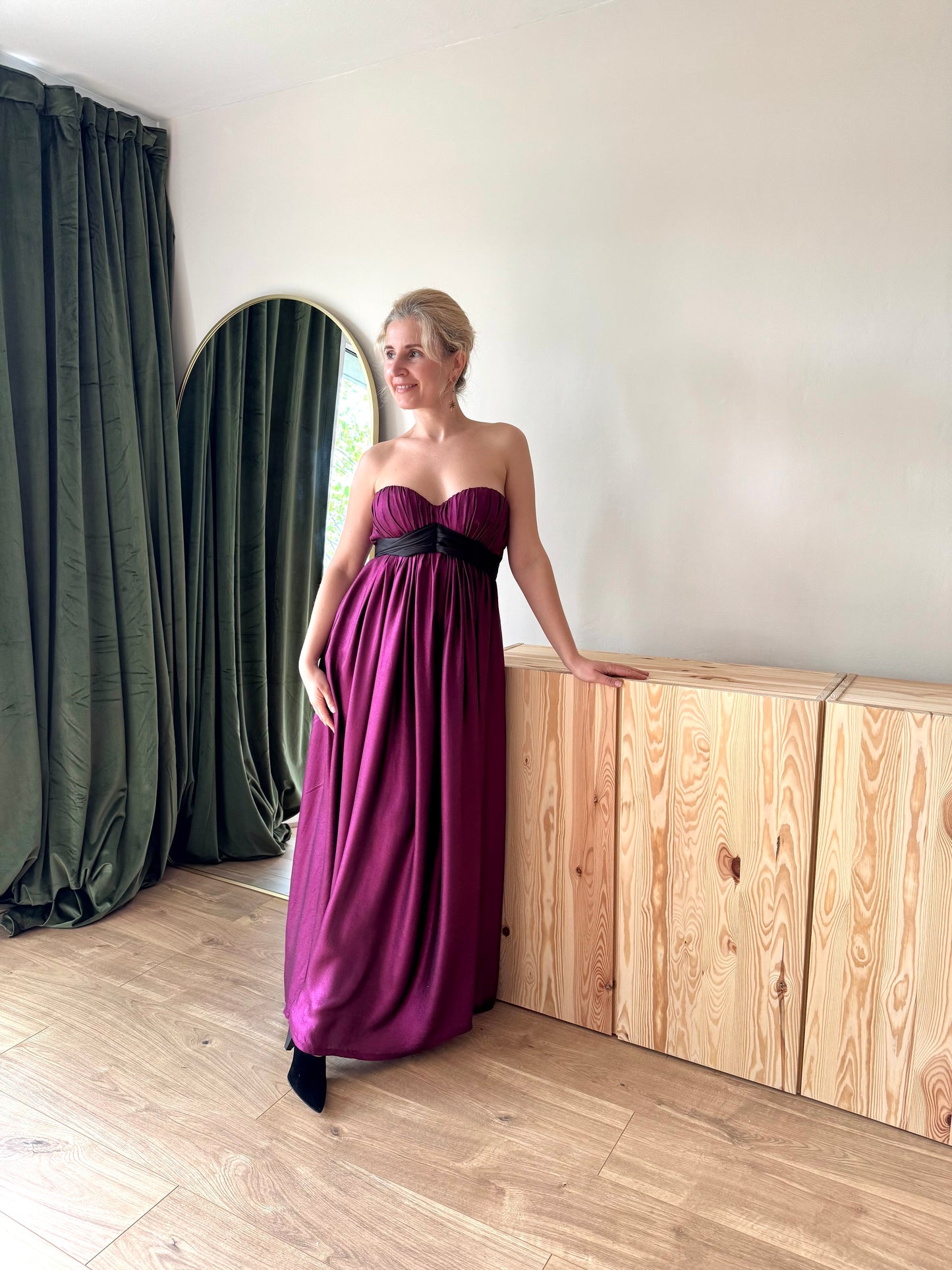 Handmade PINK SHIMMERY SILK DRESS with black oversize bow