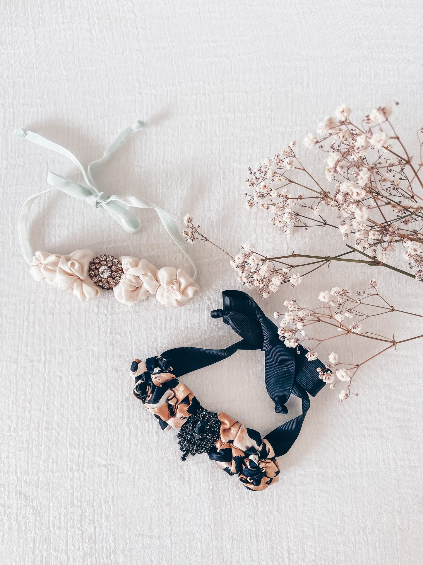 Handmade SILK FLORAL CHOKER with rhinestone vintage button