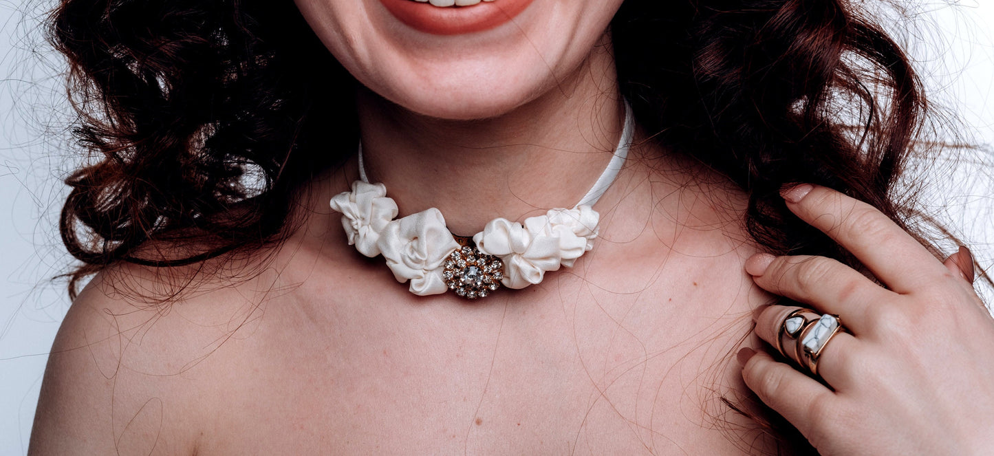 Handmade WHITE SILK CHOKER with rhinestone vintage button