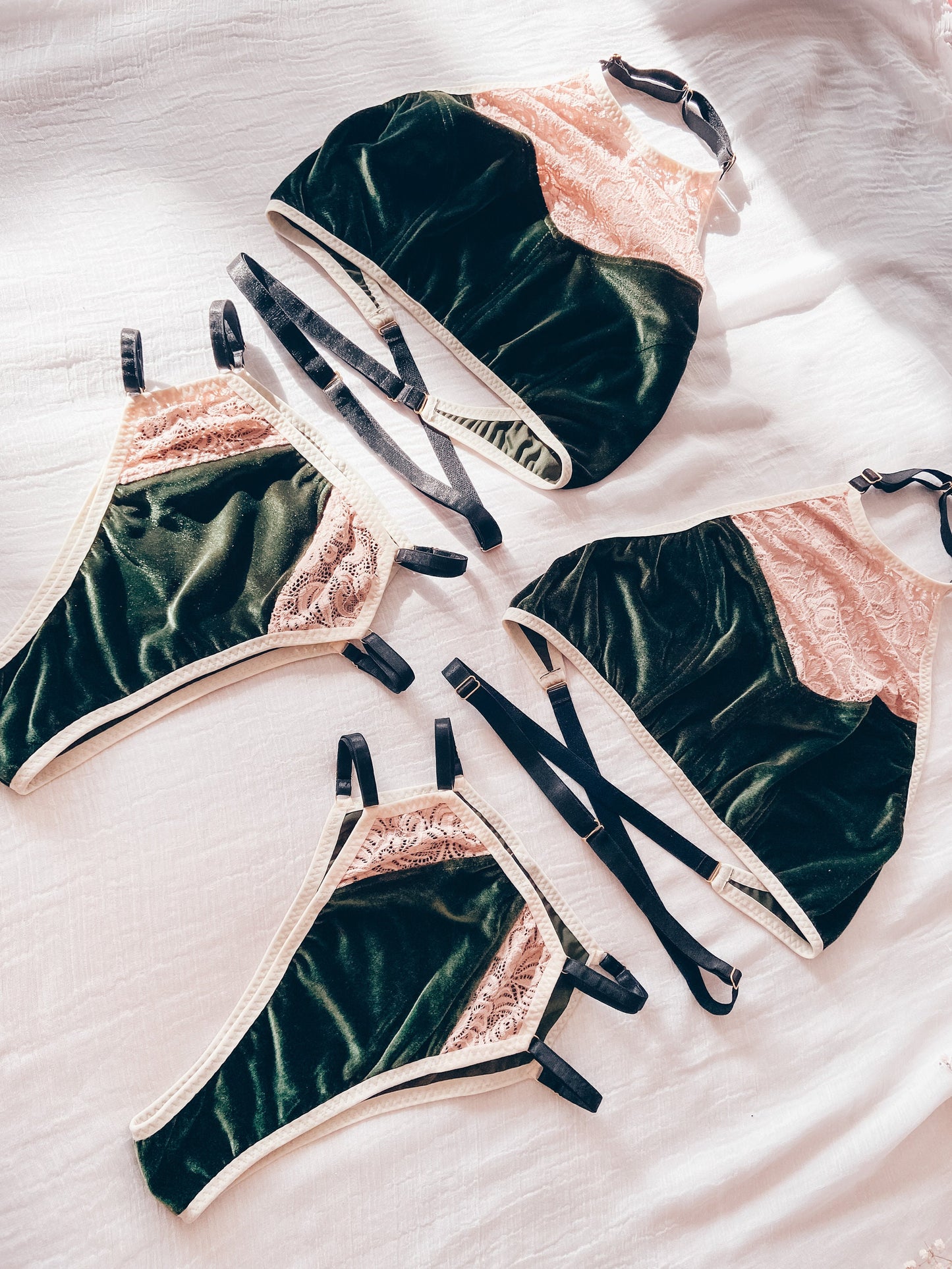 ETTA OLIVE GREEN velvet lingerie set / M, L, XL sizes