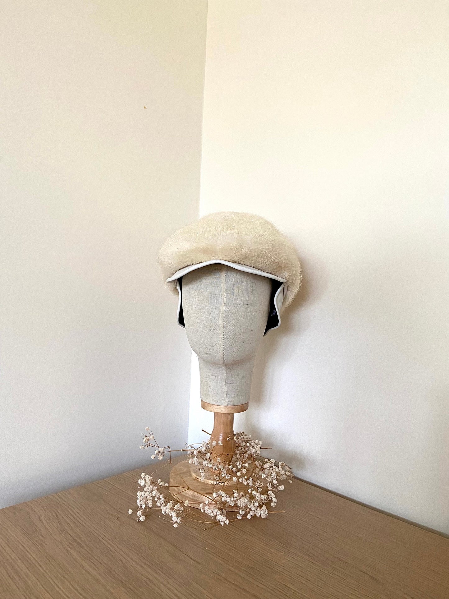 MINK FUR ivory hat with leather cap / real fur hat leather winter accessories