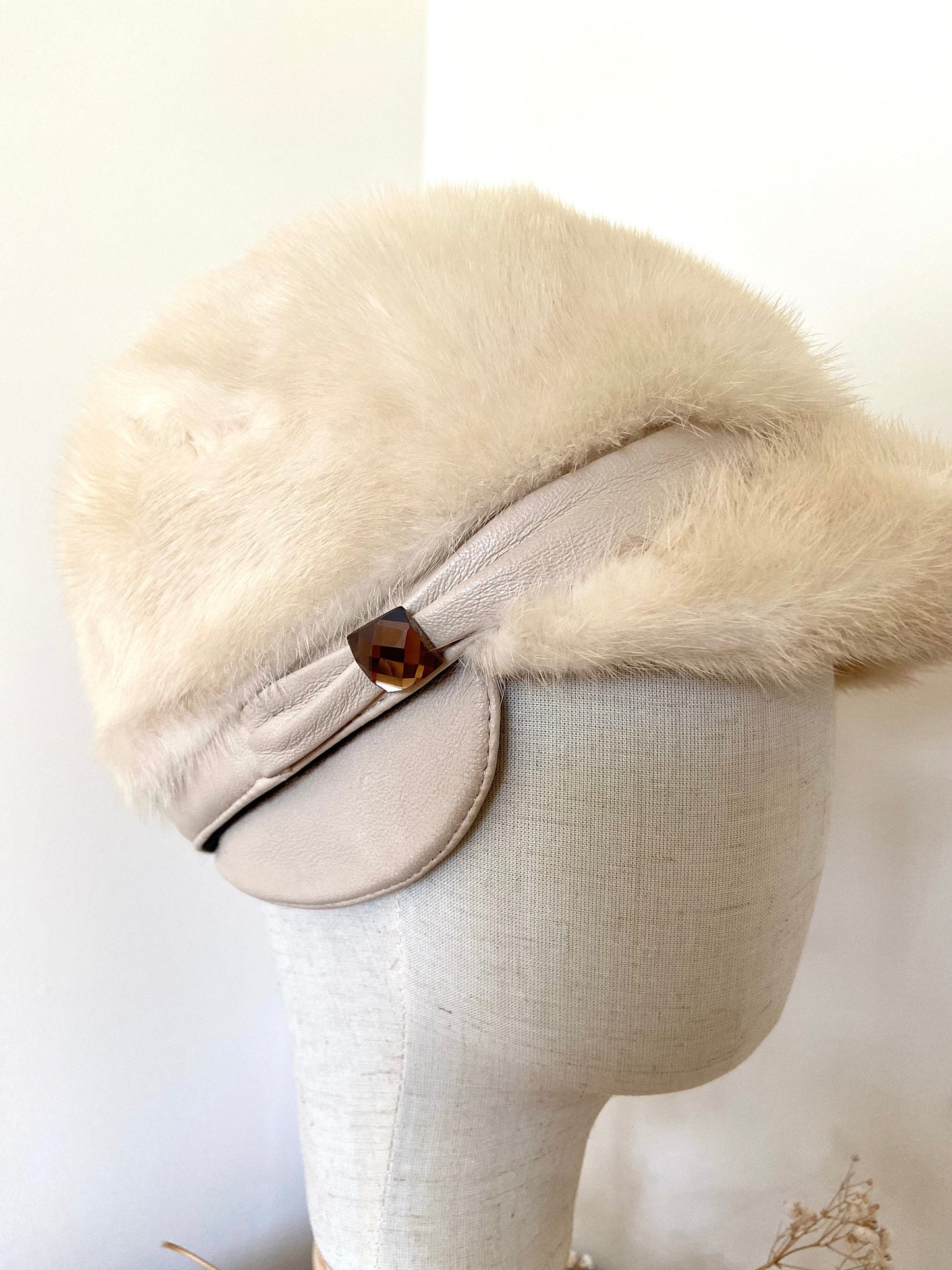 MINK FUR BEIGE hat with leather cap / real fur hat leather winter accessories