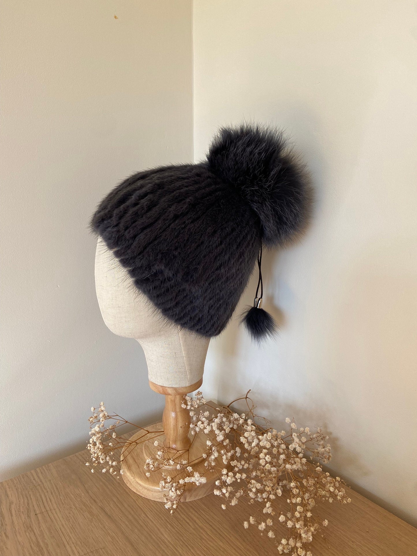 VINTAGE MINK FUR GREY beanie hat with fox fur pom pom