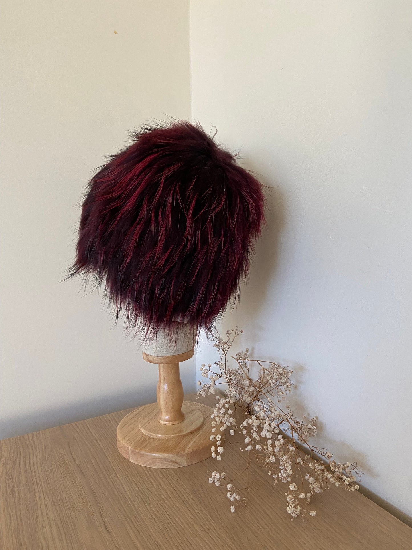 VINTAGE FOX FUR RED BEANIE HAT