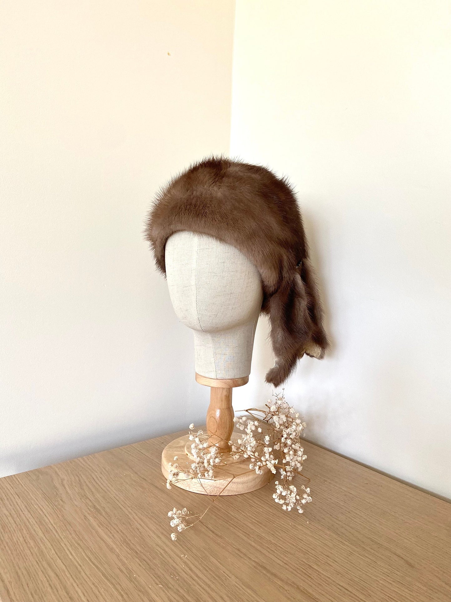VINTAGE MINK FUR LIGHT BROWN hat with fur eyer covers