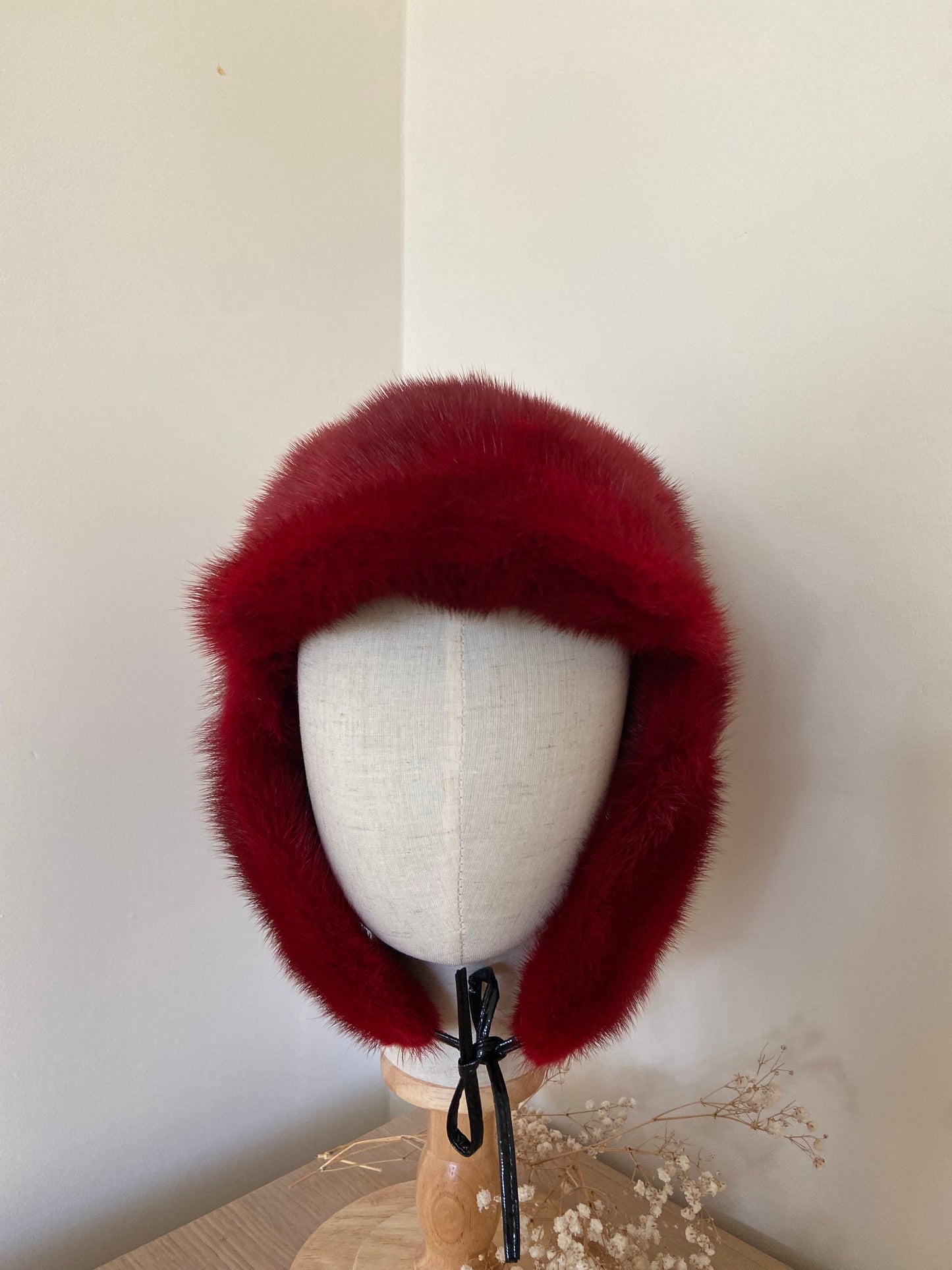 VINTAGE MINK FUR RED hat with fur ear covers