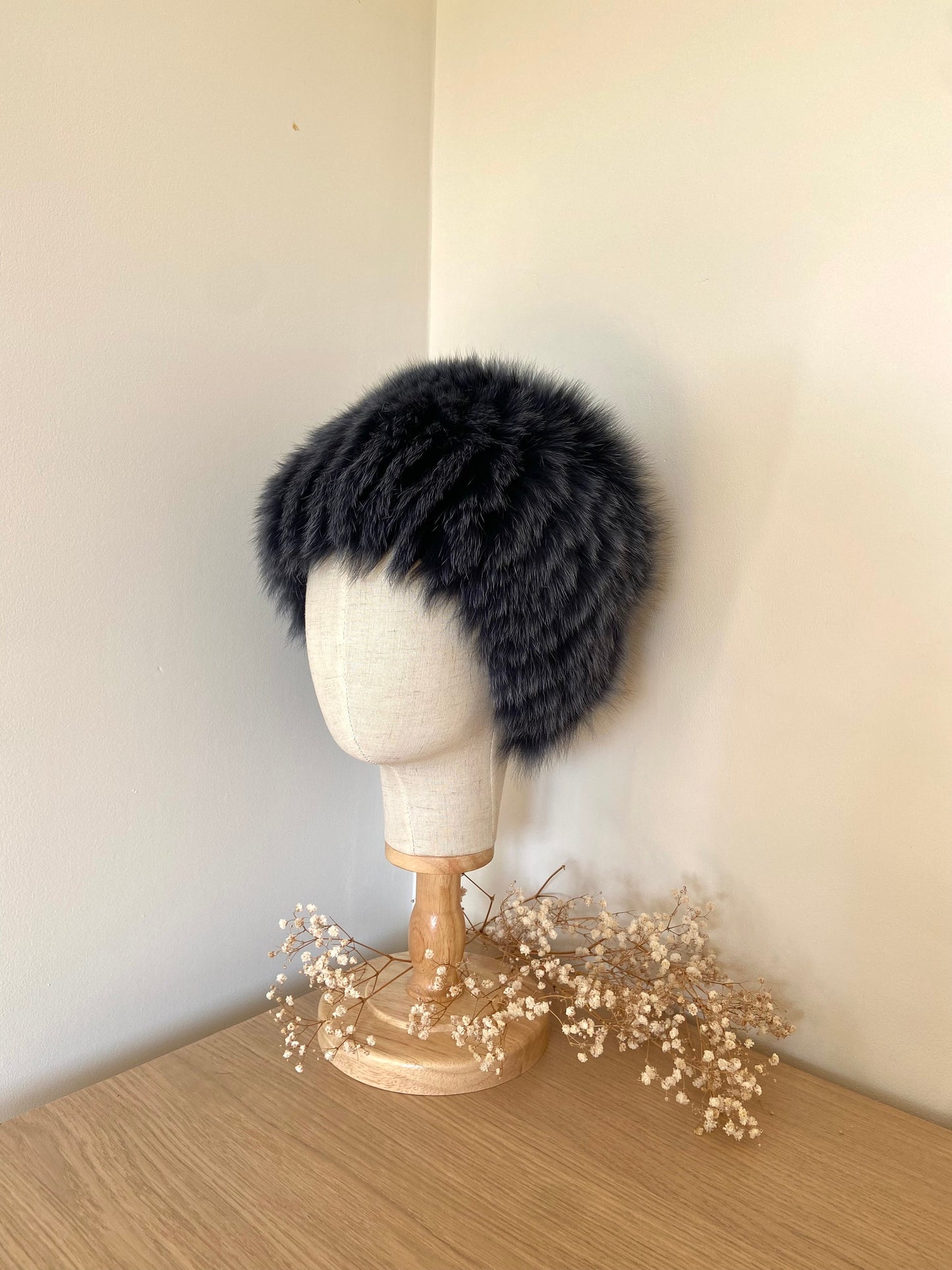 VINTAGE FOX FUR GREY BLUE beanie hat
