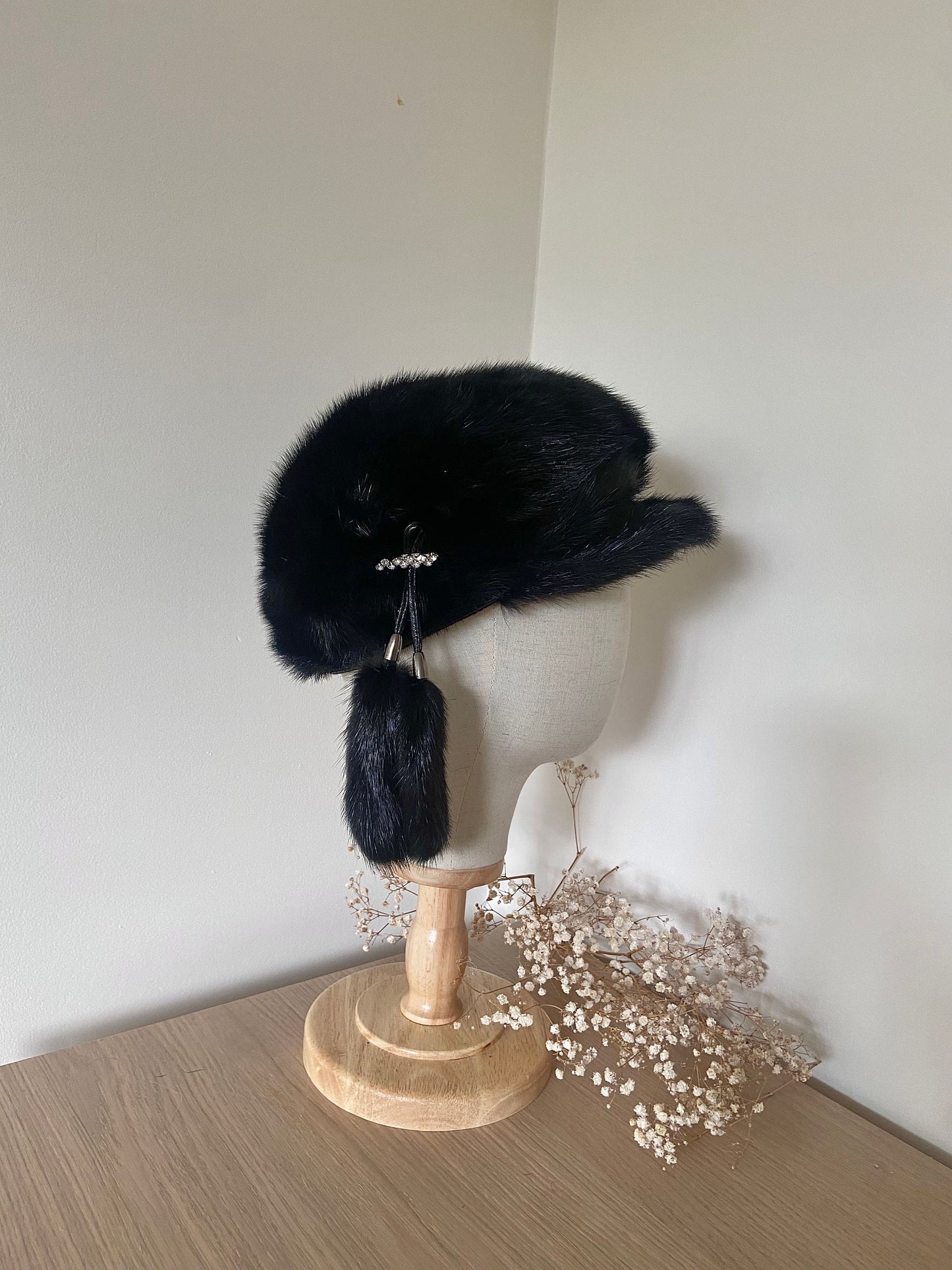 MINK FUR BLACK hat with fur cap and hanging fur accessories