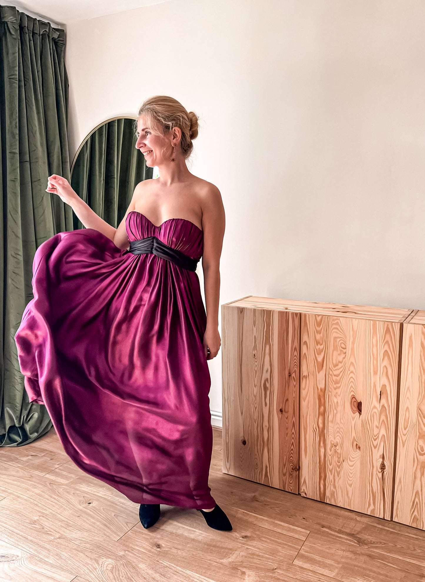 Handmade PINK SHIMMERY SILK DRESS with black oversize bow