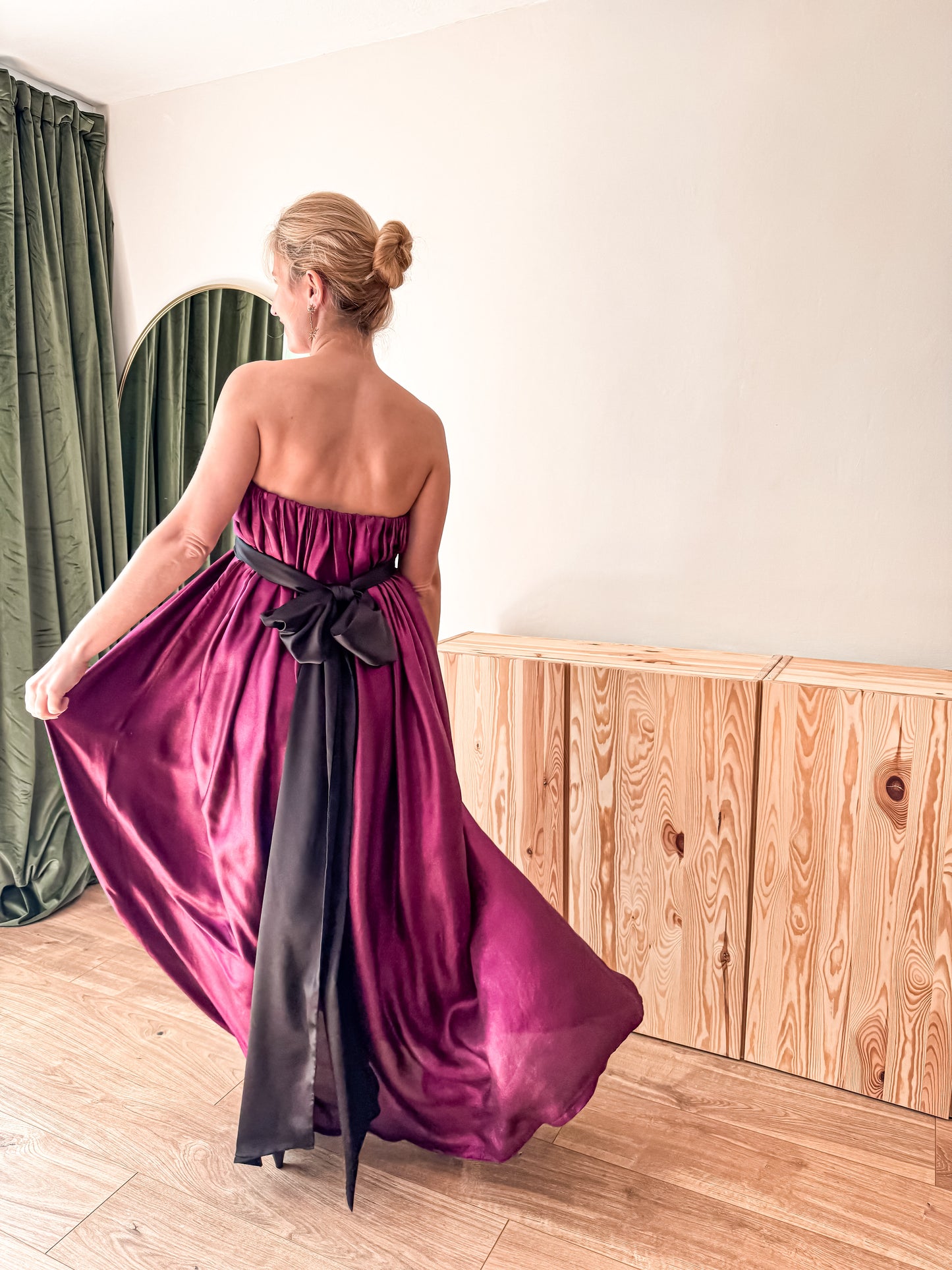 Handmade PINK SHIMMERY SILK DRESS with black oversize bow
