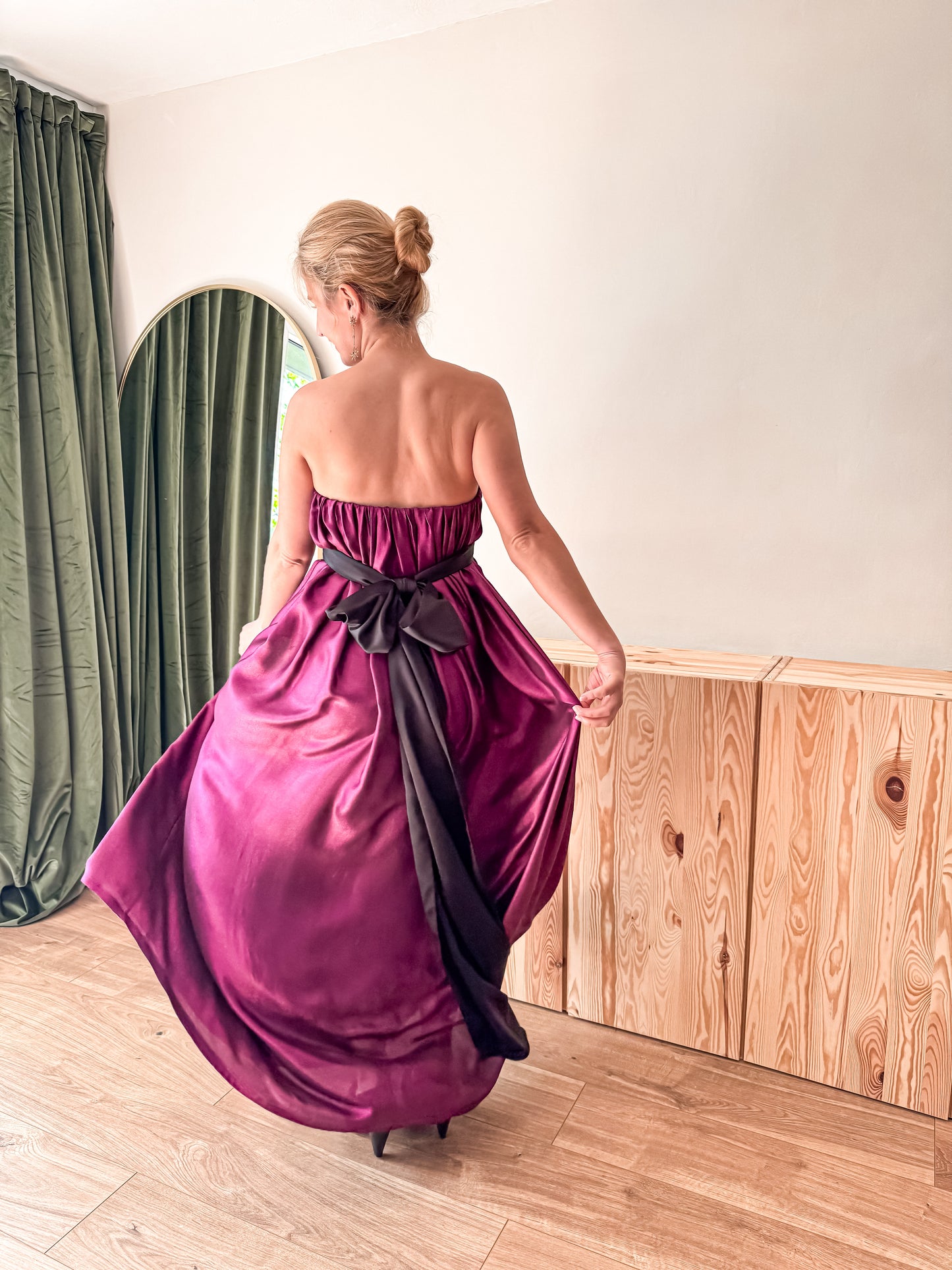 Handmade PINK SHIMMERY SILK DRESS with black oversize bow