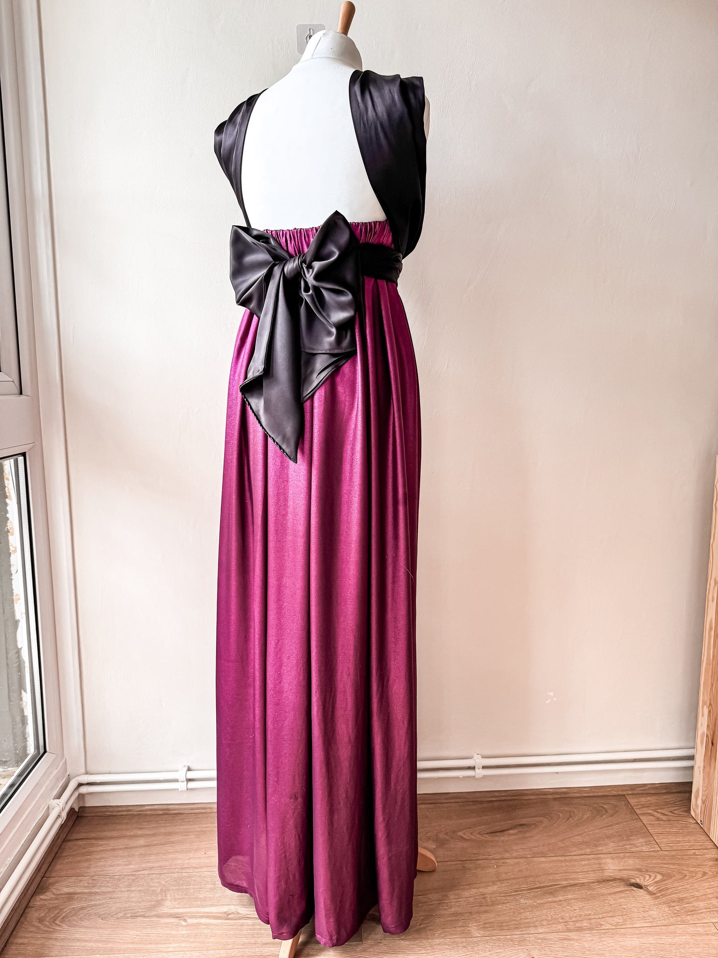 Handmade PINK SHIMMERY SILK DRESS with black oversize bow