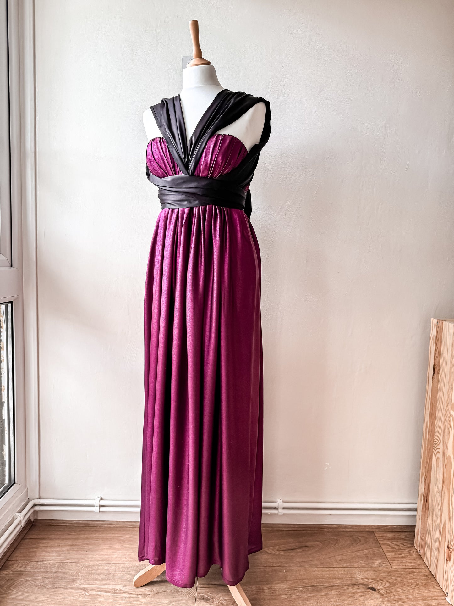 Handmade PINK SHIMMERY SILK DRESS with black oversize bow