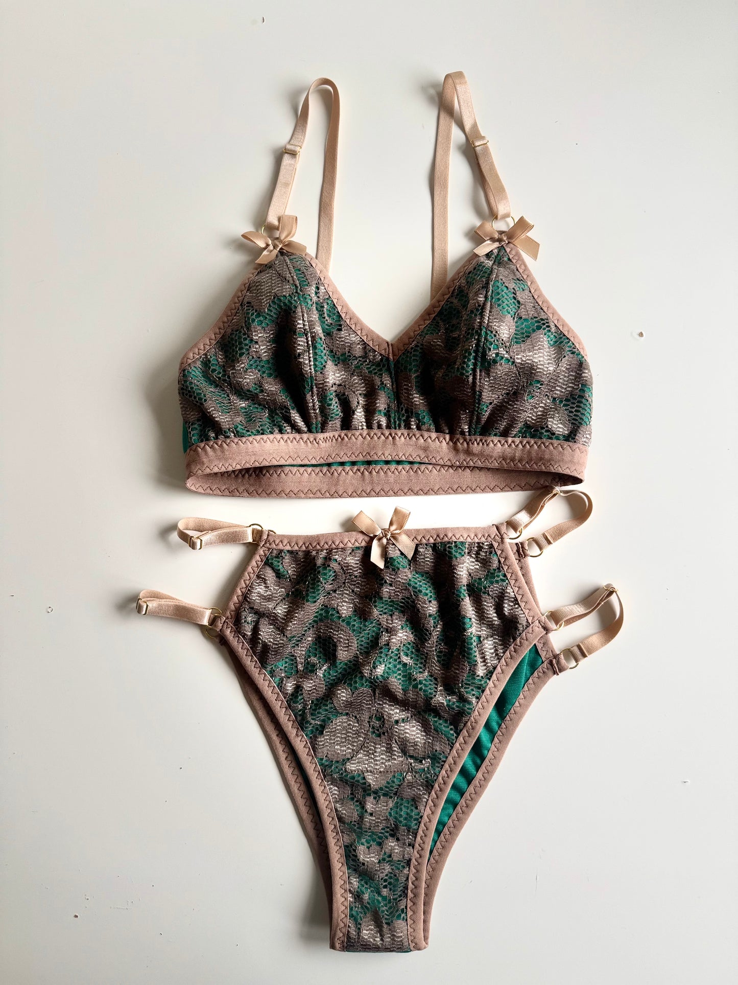 BIANCA BEIGE and GREEN LINGERIE set / XS, S, M, L sizes