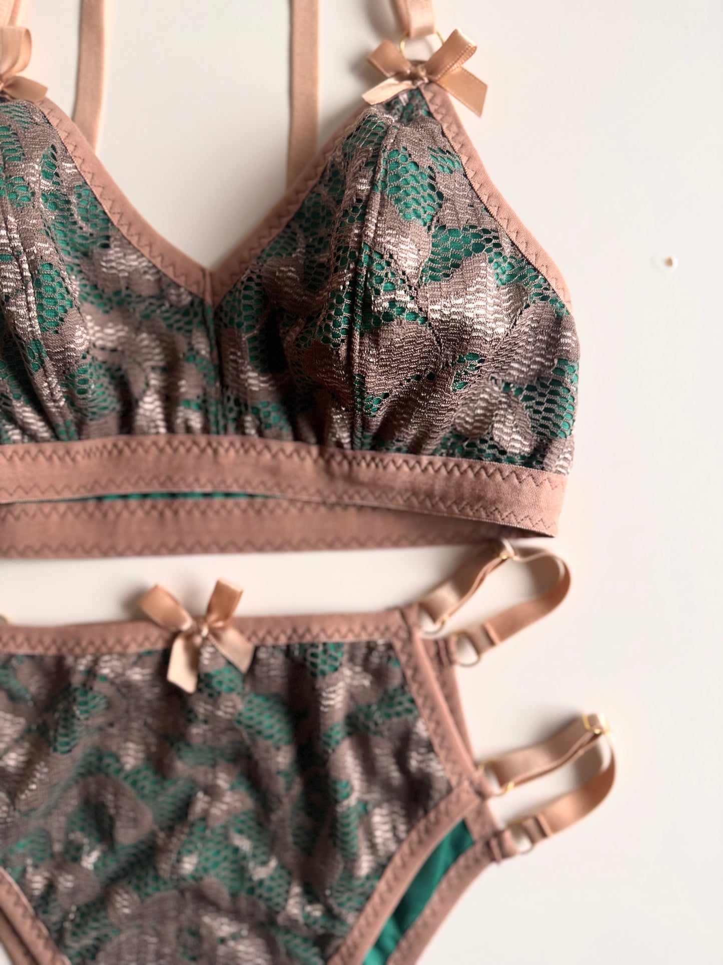 BIANCA BEIGE and GREEN LINGERIE set / XS, S, M, L sizes