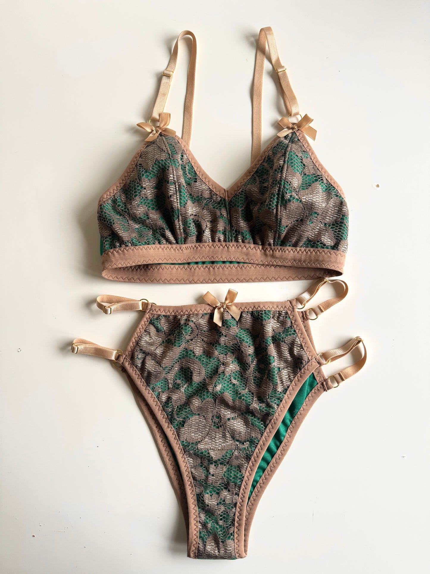 BIANCA BEIGE and GREEN LINGERIE set / XS, S, M, L sizes