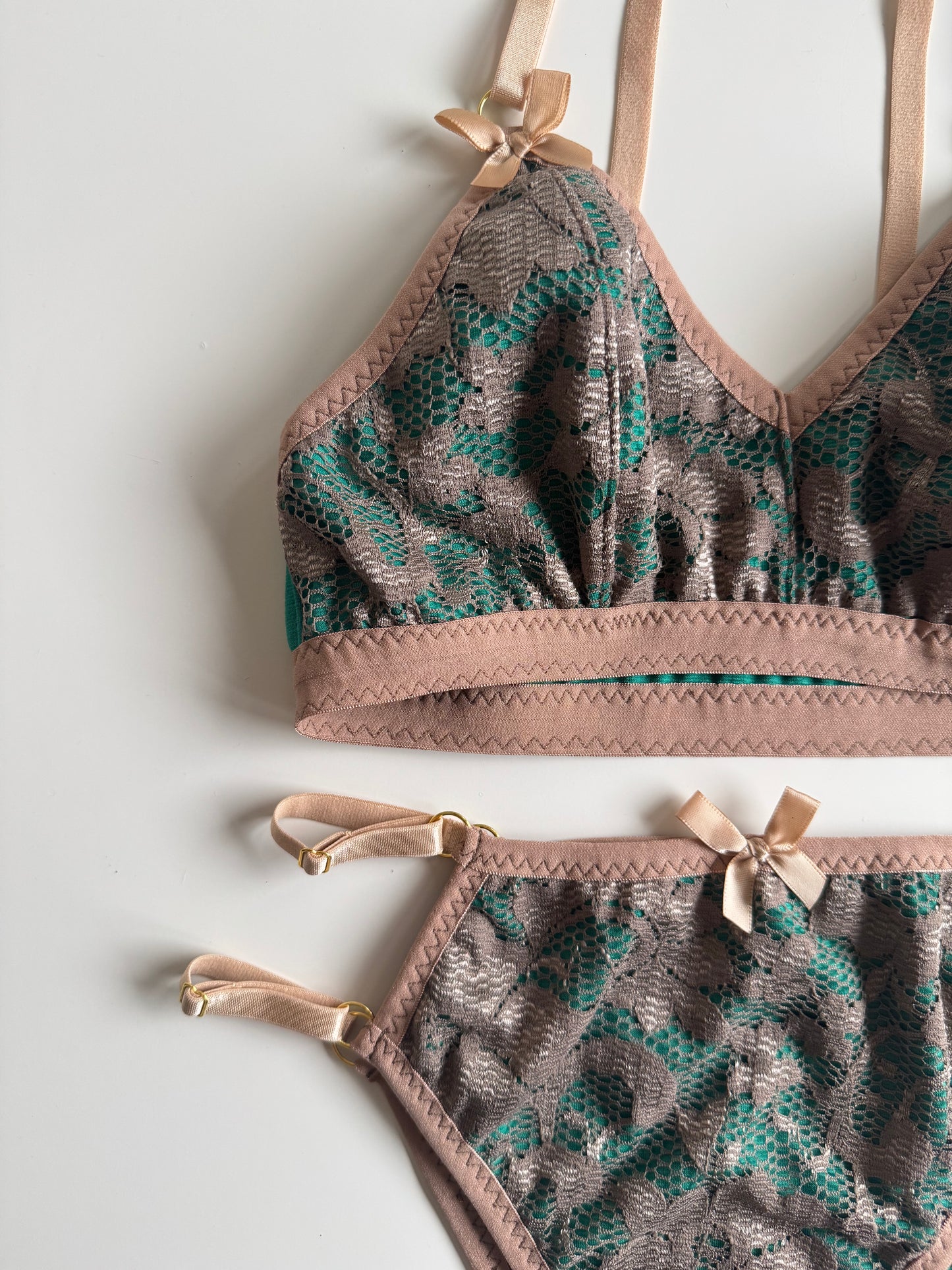 BIANCA BEIGE and GREEN LINGERIE set / XS, S, M, L sizes