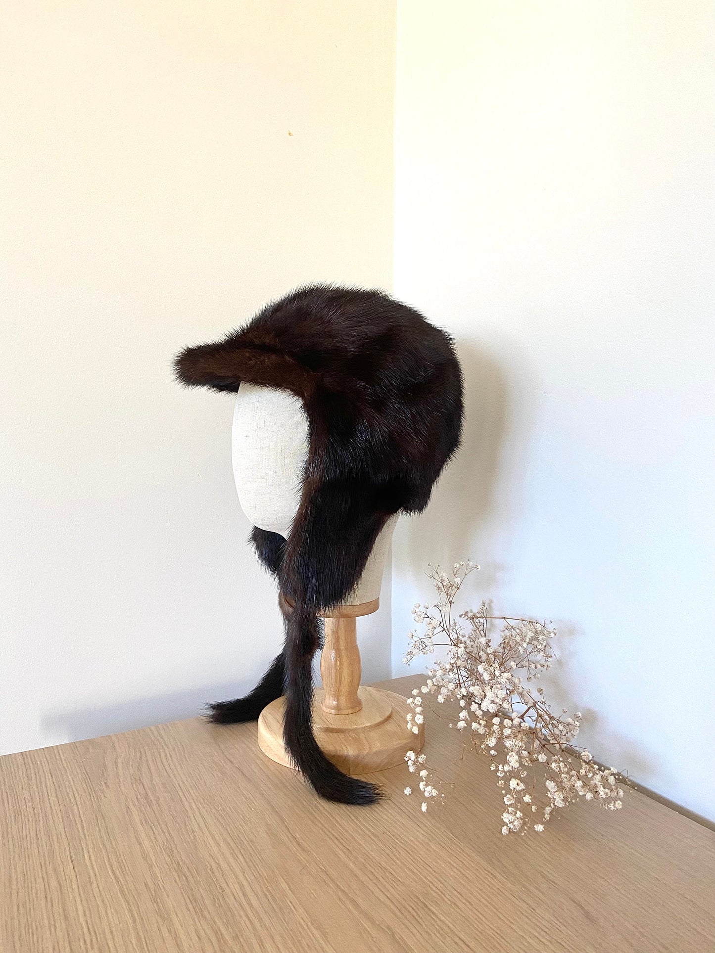MINK FUR BROWN hat with hanging fur ear covers