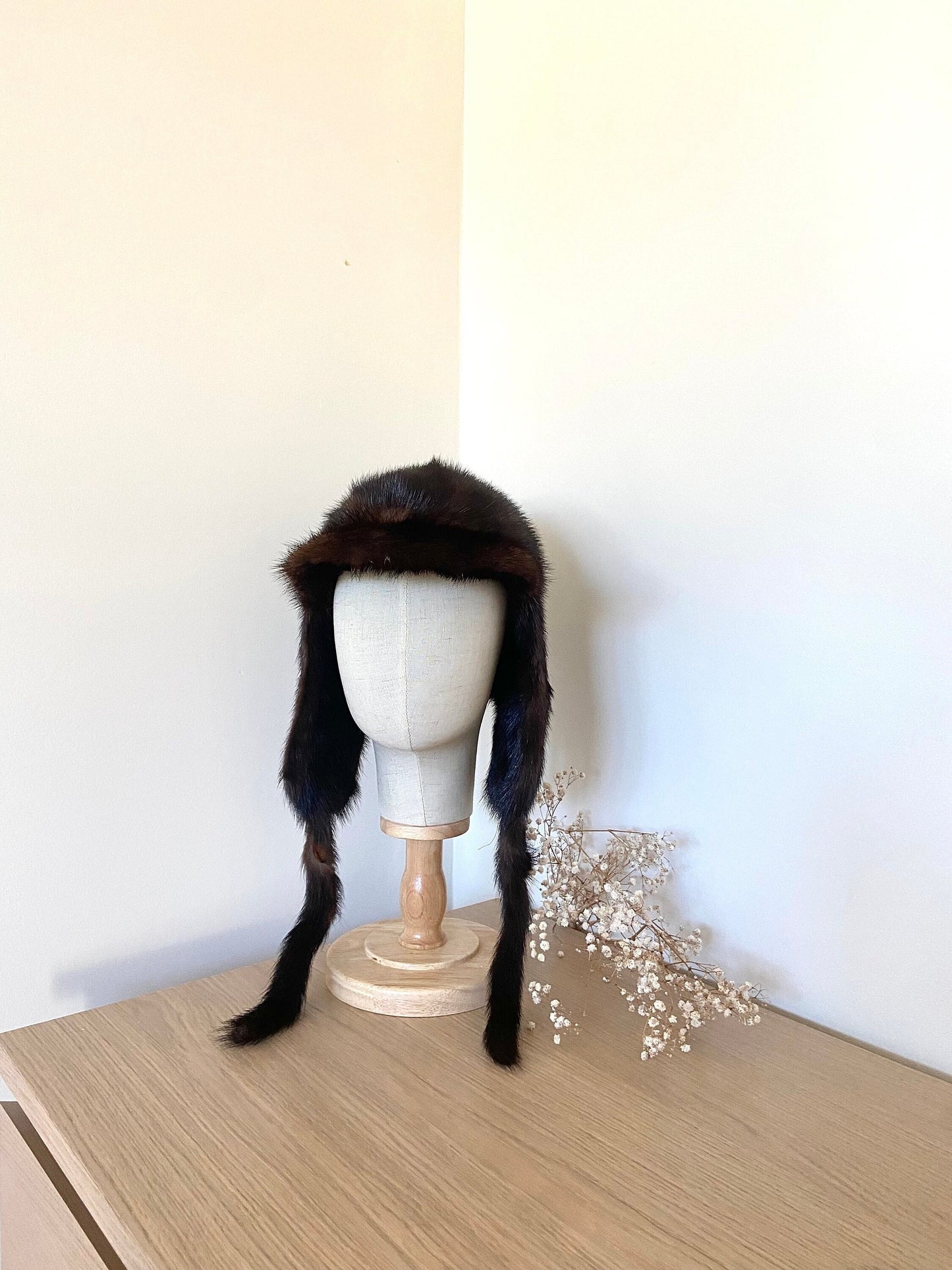 MINK FUR BROWN hat with hanging fur ear covers