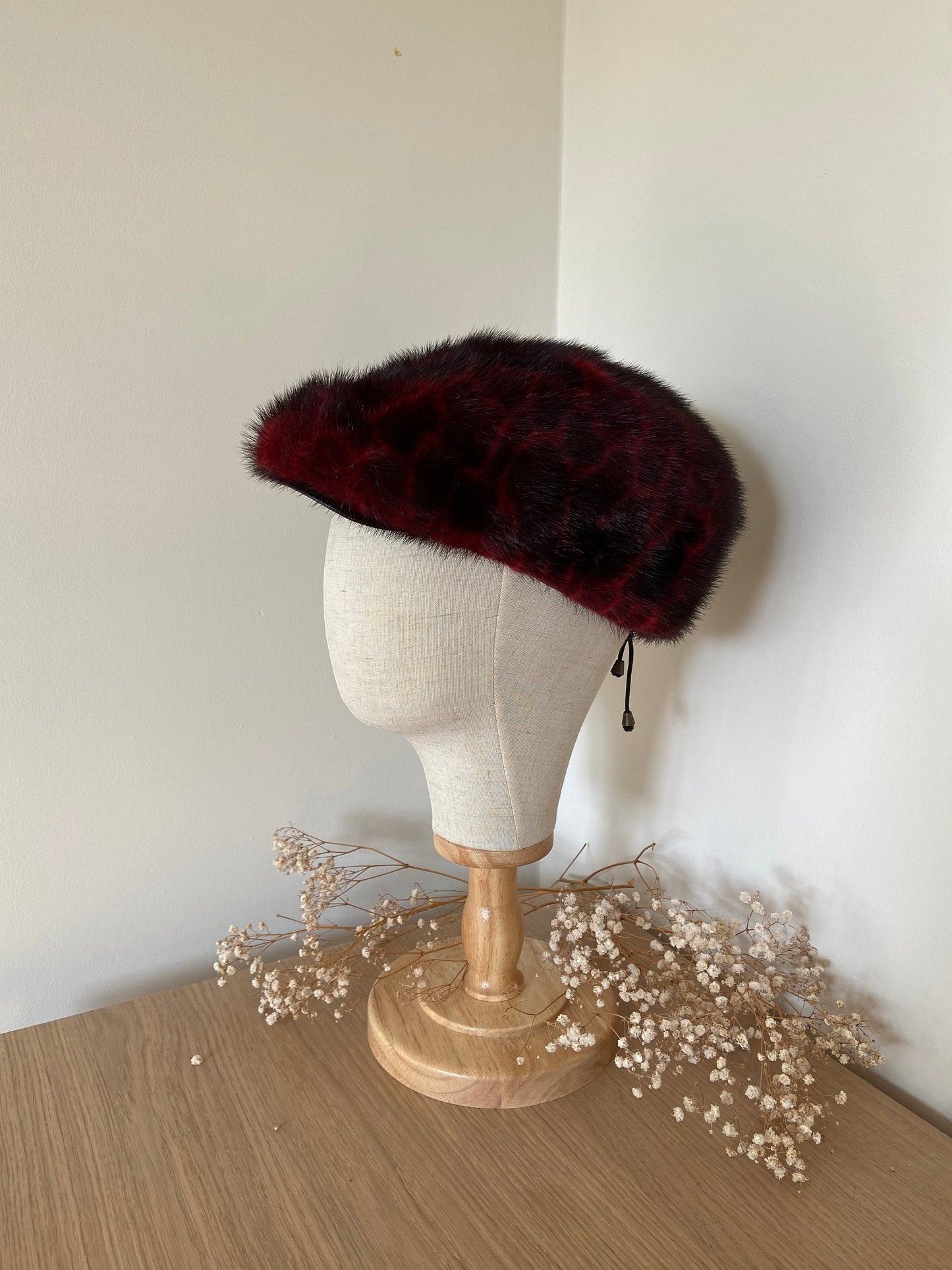 VINTAGE MINK FUR RED leopard  hat with leather cap