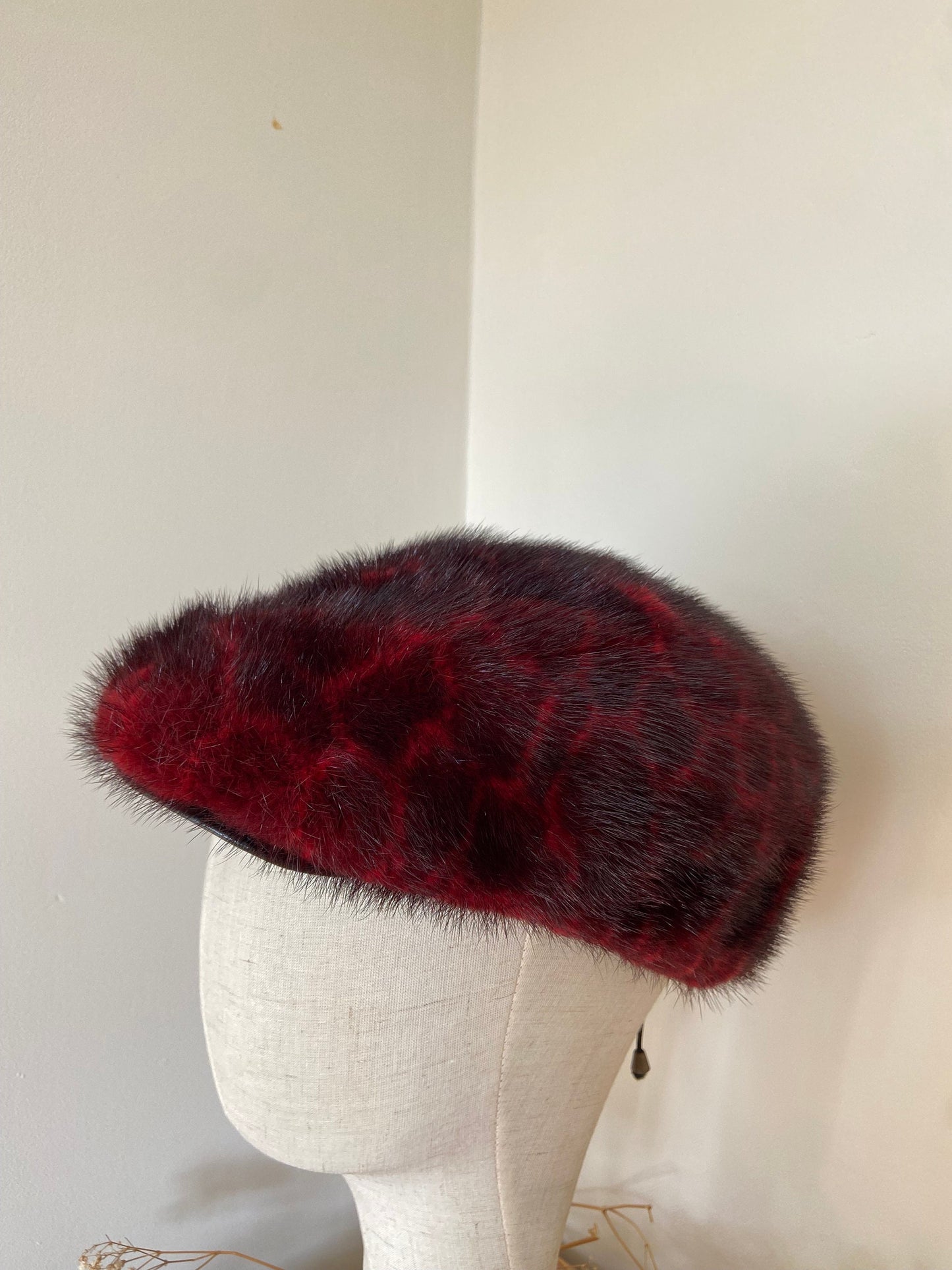 VINTAGE MINK FUR RED leopard  hat with leather cap