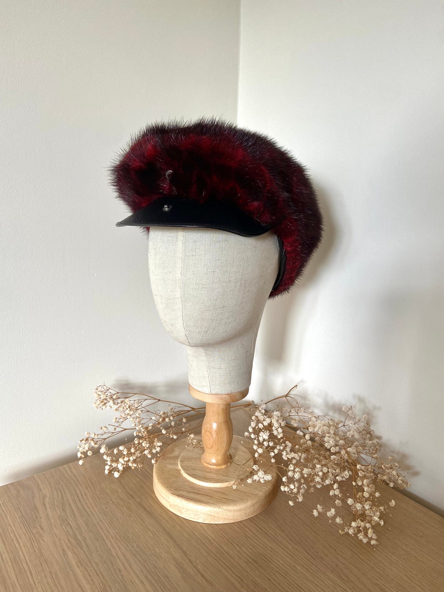 VINTAGE MINK FUR RED leopard  hat with leather cap