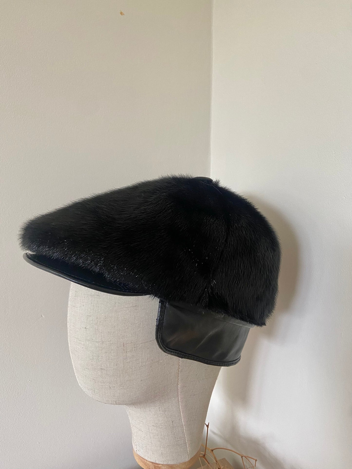 MINK FUR black hat with leather cap