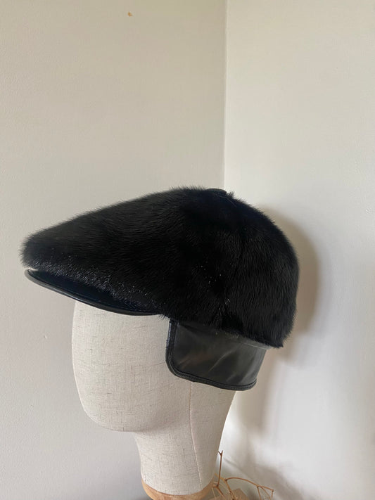 MINK FUR black hat with leather cap