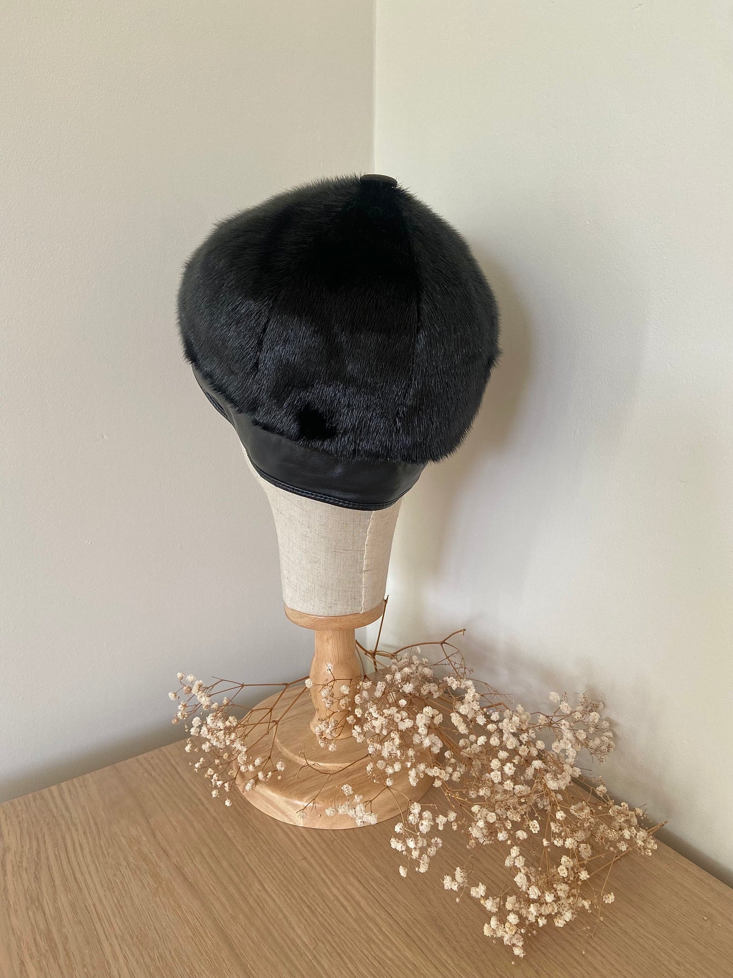 MINK FUR black hat with leather cap