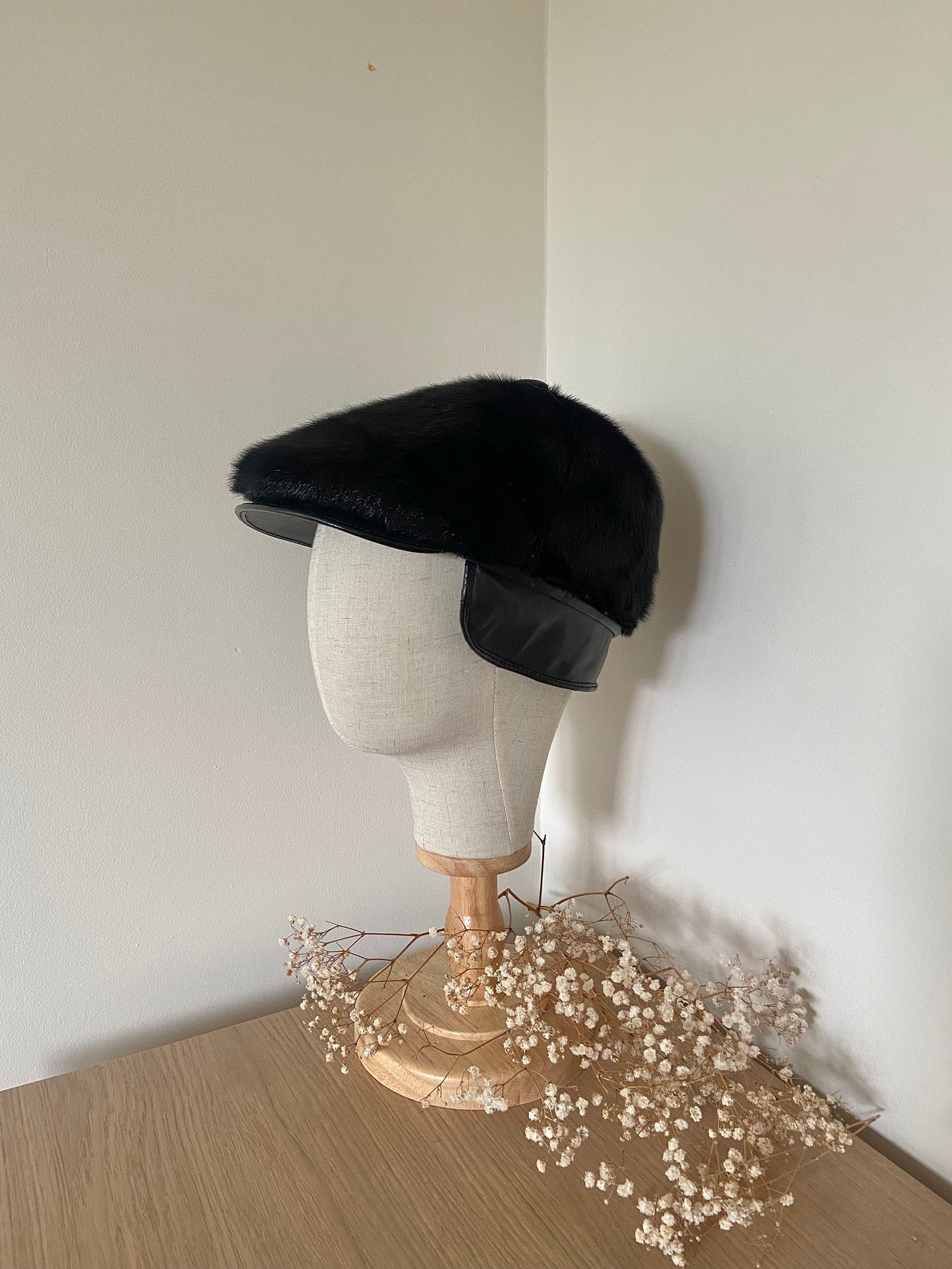MINK FUR black hat with leather cap