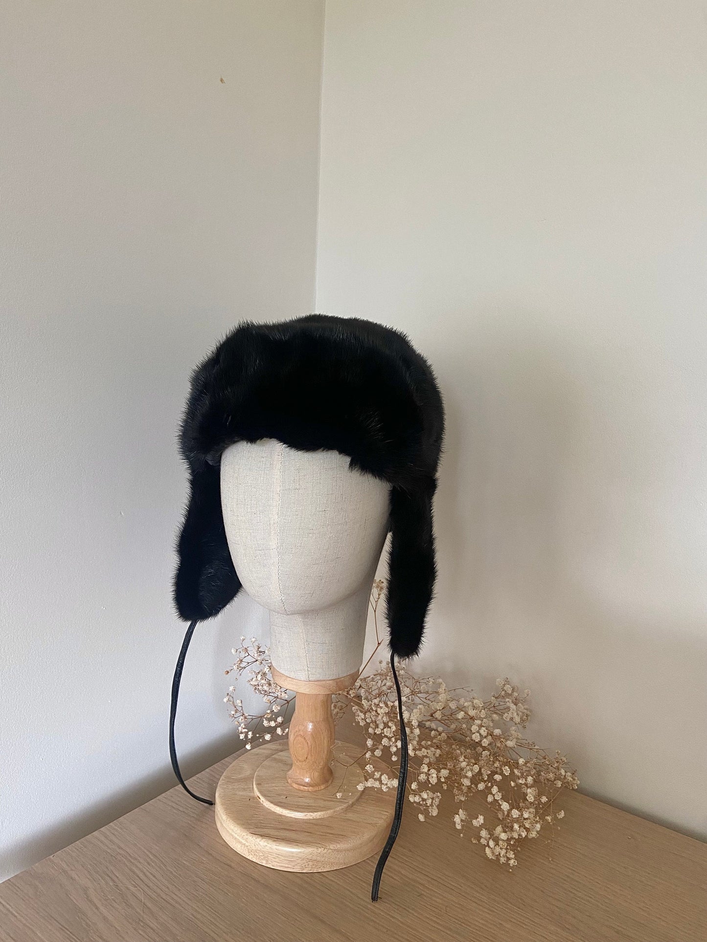 MINK FUR BLACK hat with fur eyer covers