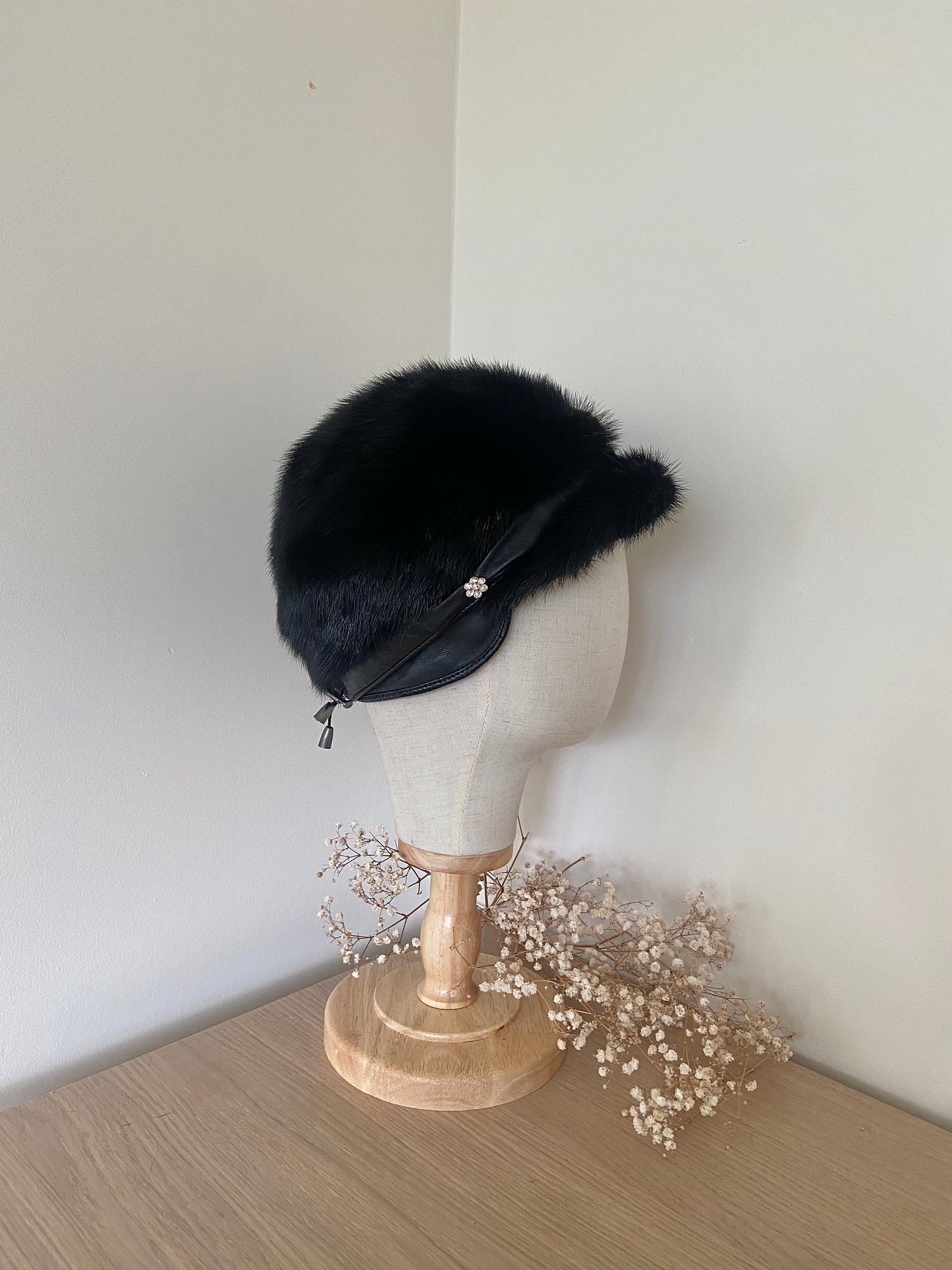 MINK FUR BLACK hat with fur cap / real fur hat leather winter accessories / black winter fur coat / warm winter jacket