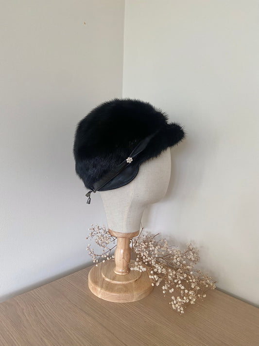 MINK FUR BLACK hat with fur cap / real fur hat leather winter accessories / black winter fur coat / warm winter jacket