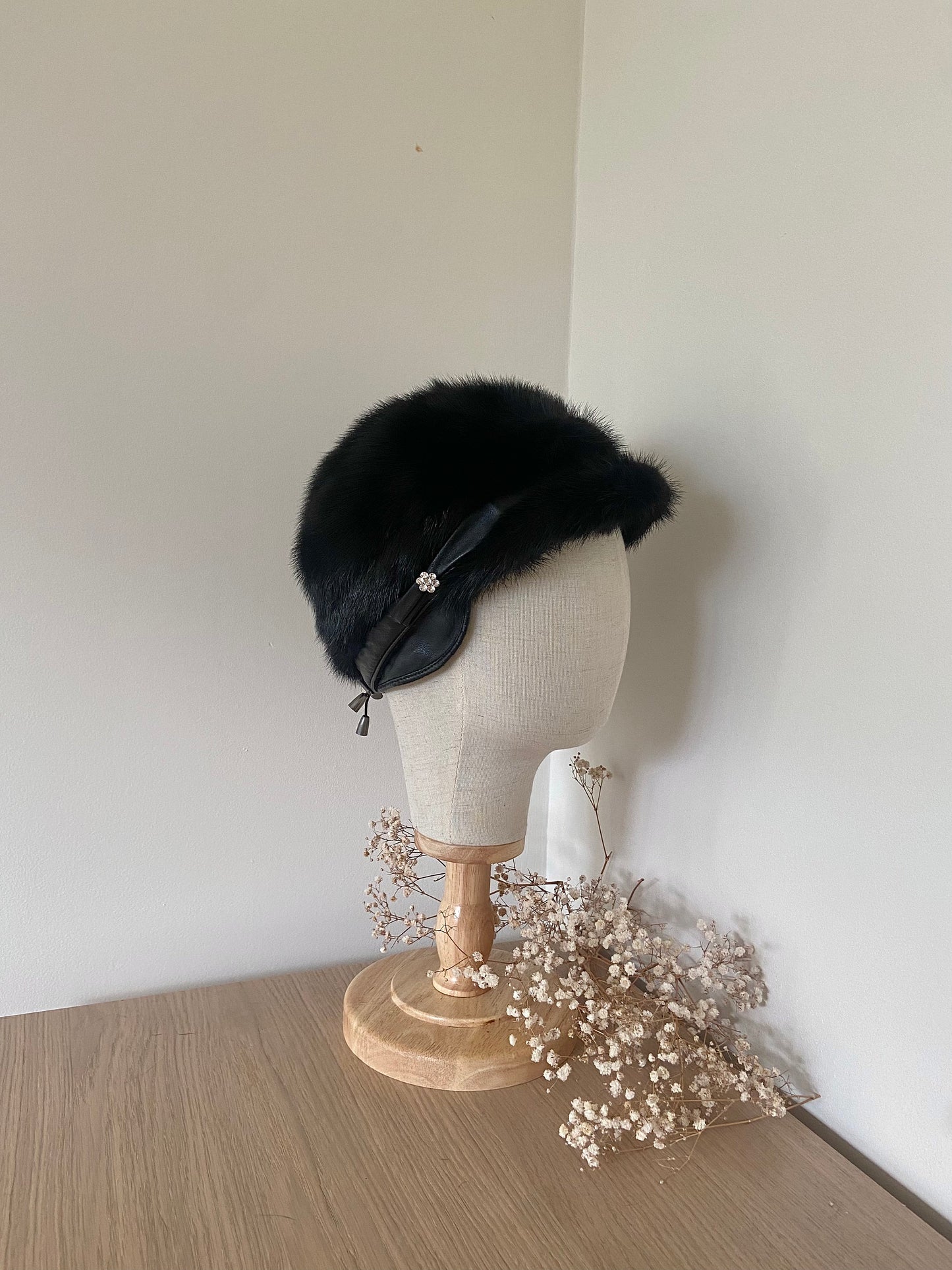 MINK FUR BLACK hat with fur cap / real fur hat leather winter accessories / black winter fur coat / warm winter jacket