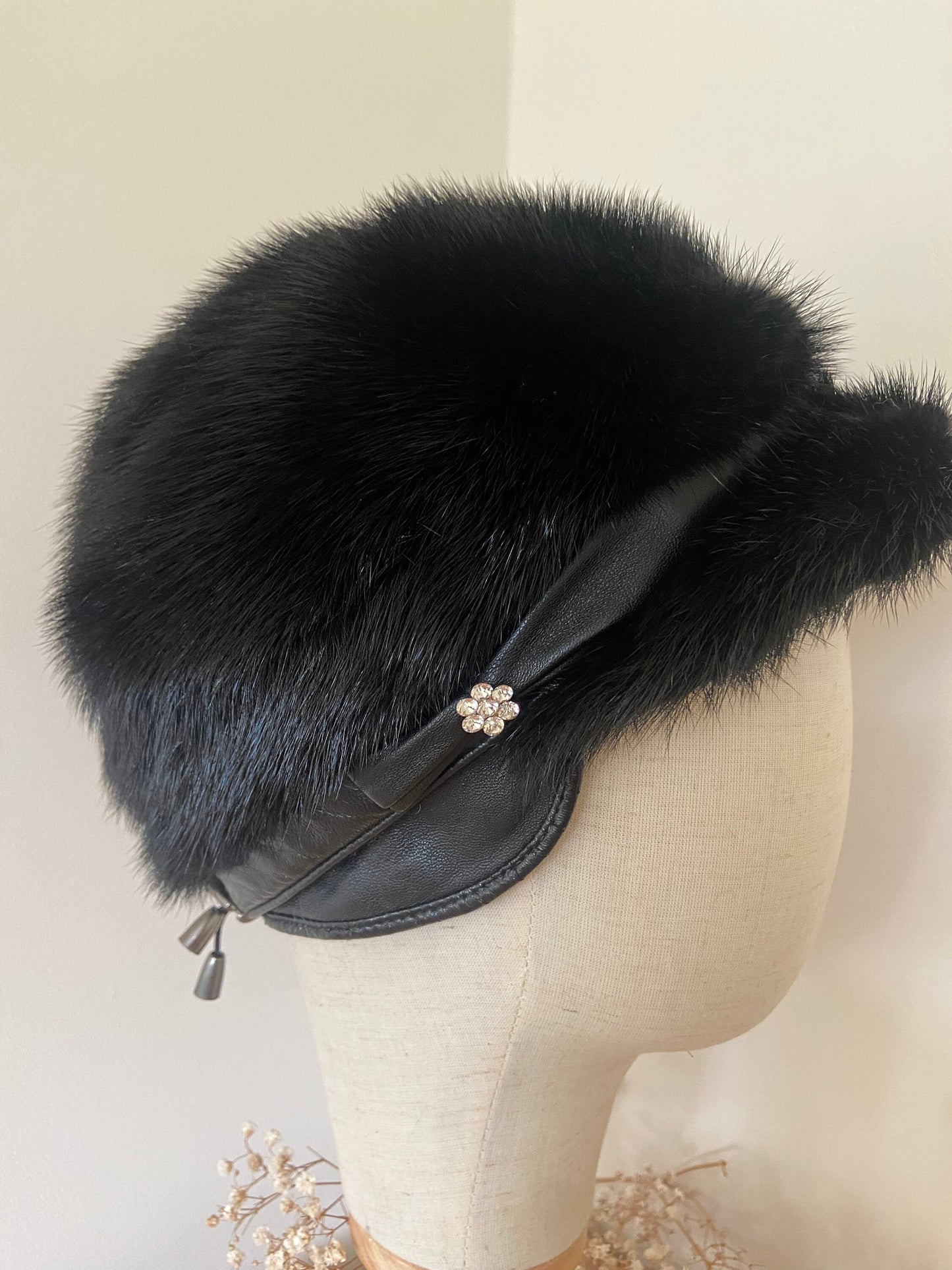 MINK FUR BLACK hat with fur cap / real fur hat leather winter accessories / black winter fur coat / warm winter jacket