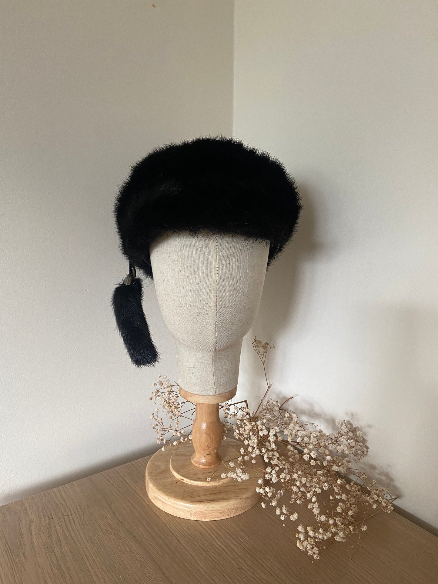 MINK FUR BLACK hat with fur cap and hanging fur accessories