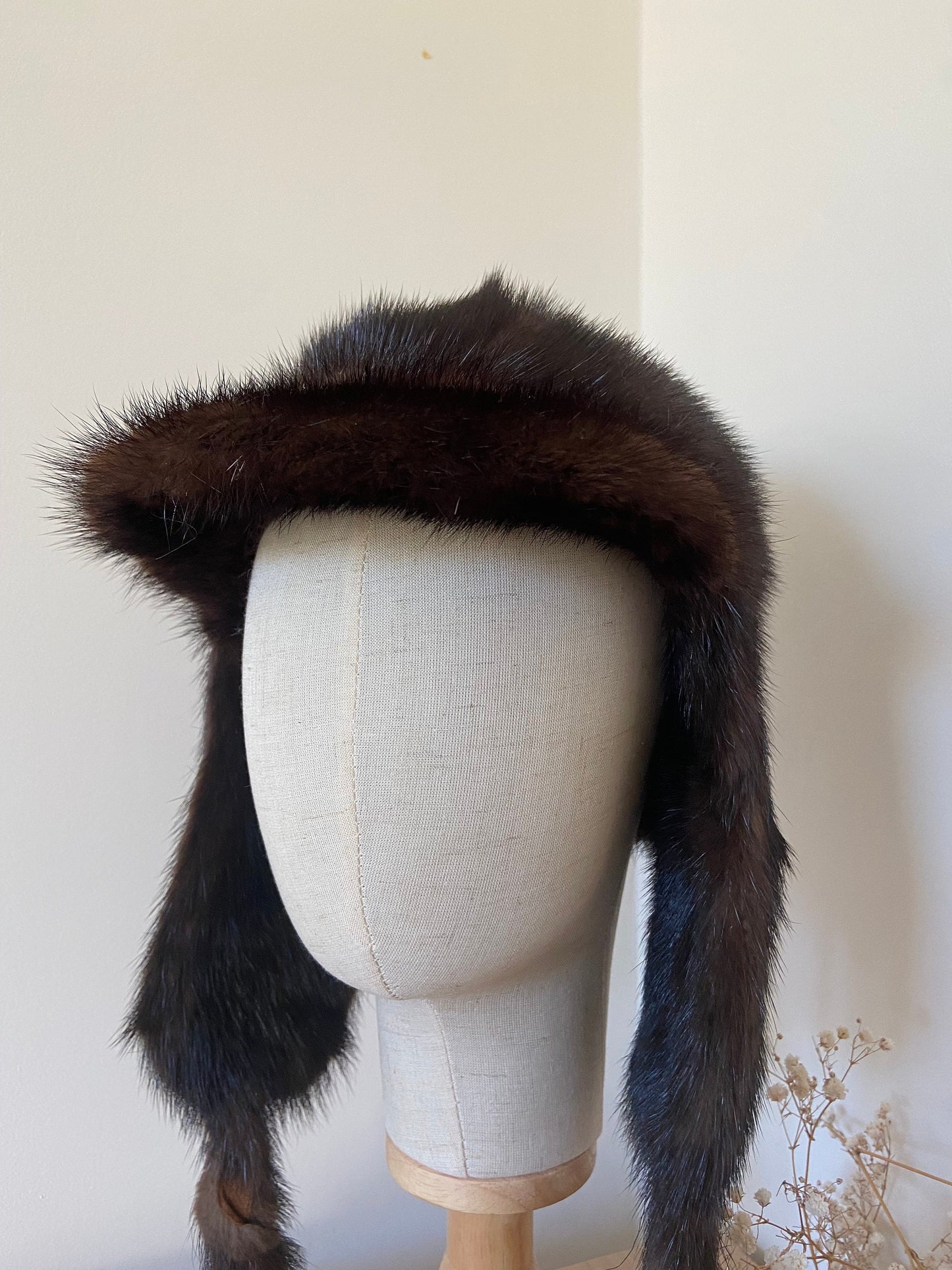 MINK FUR BROWN hat with hanging fur ear covers