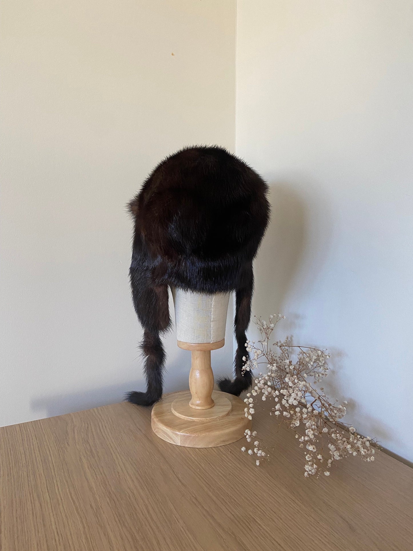 MINK FUR BROWN hat with hanging fur ear covers