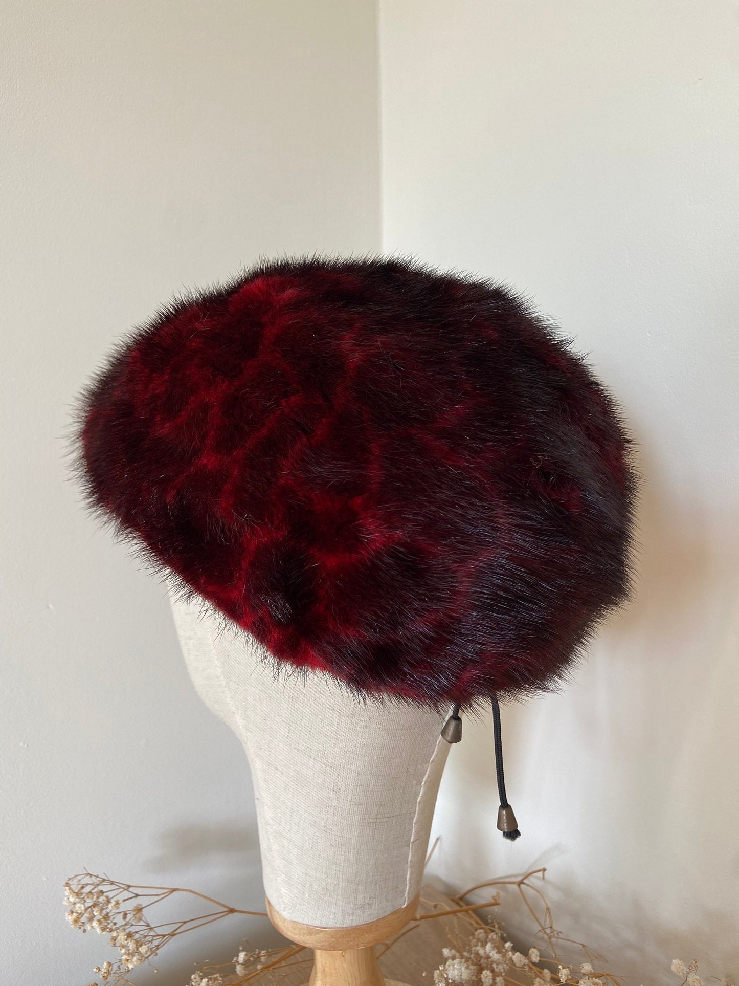 VINTAGE MINK FUR RED leopard  hat with leather cap