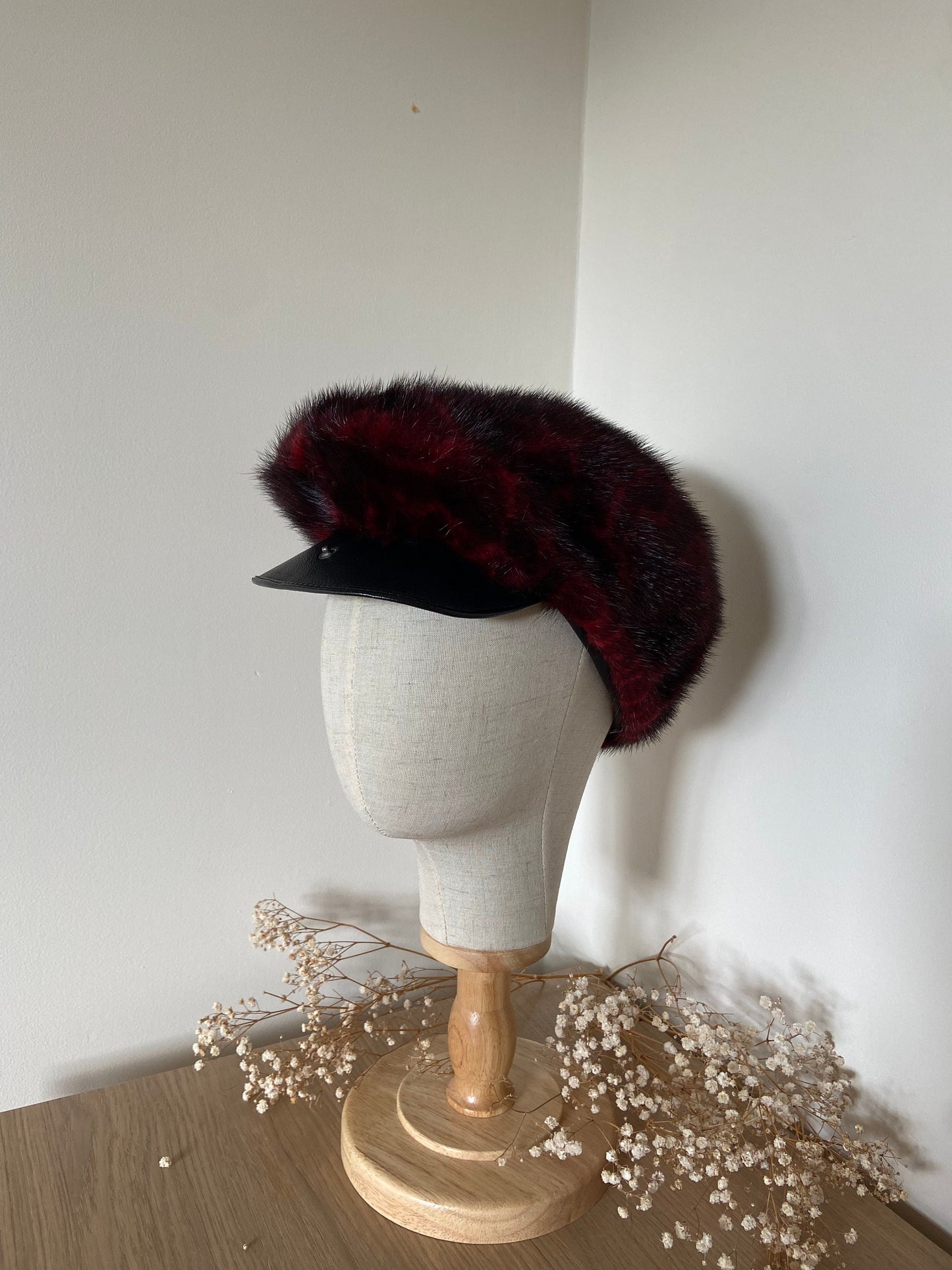 VINTAGE MINK FUR RED leopard  hat with leather cap