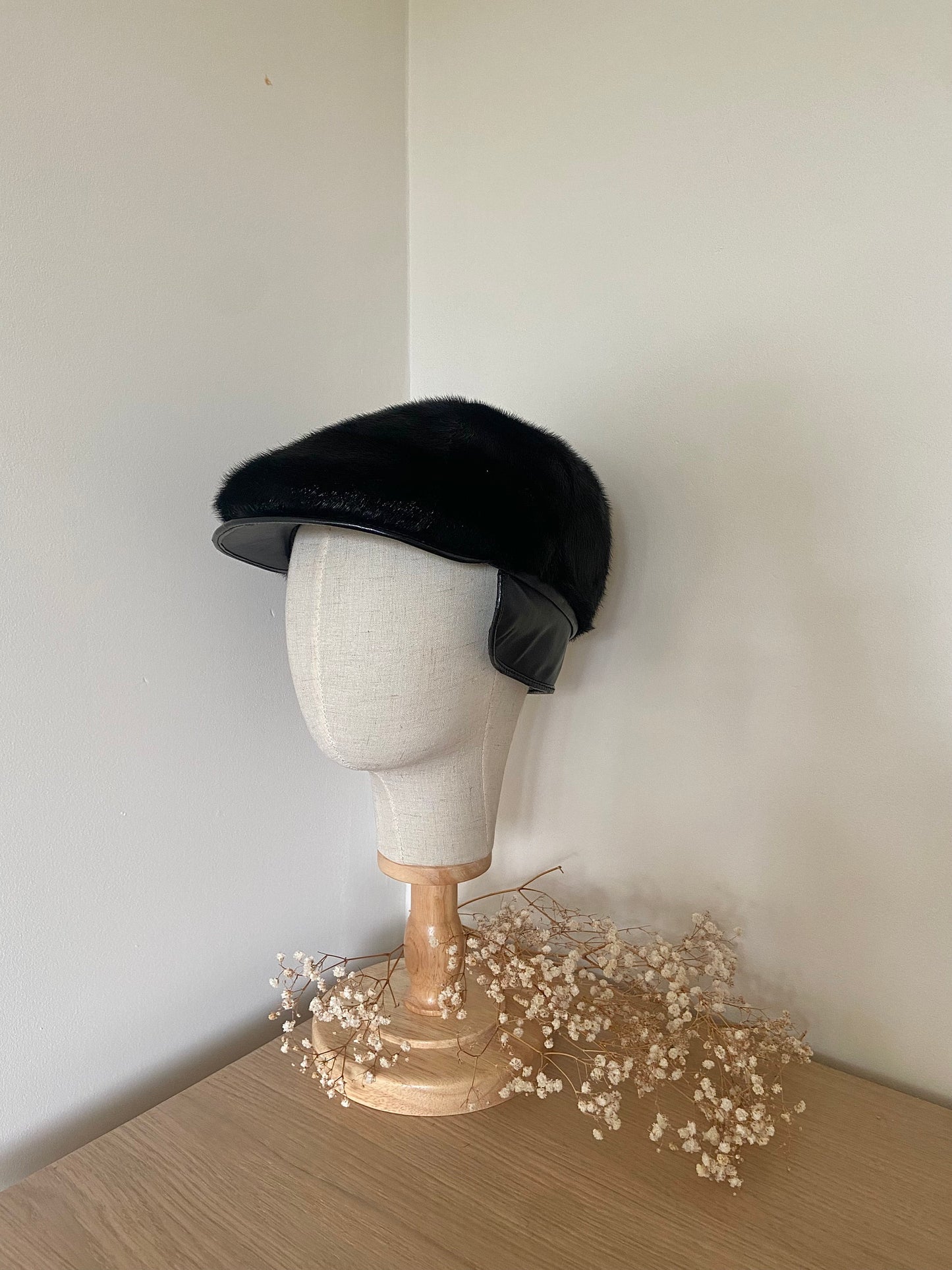 MINK FUR black hat with leather cap