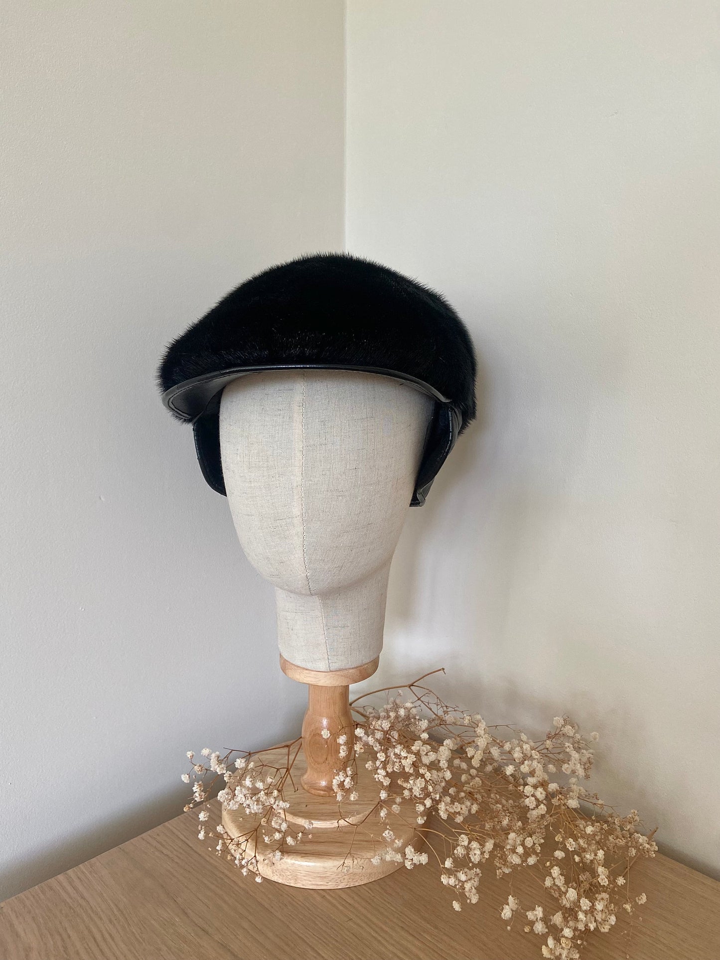MINK FUR black hat with leather cap