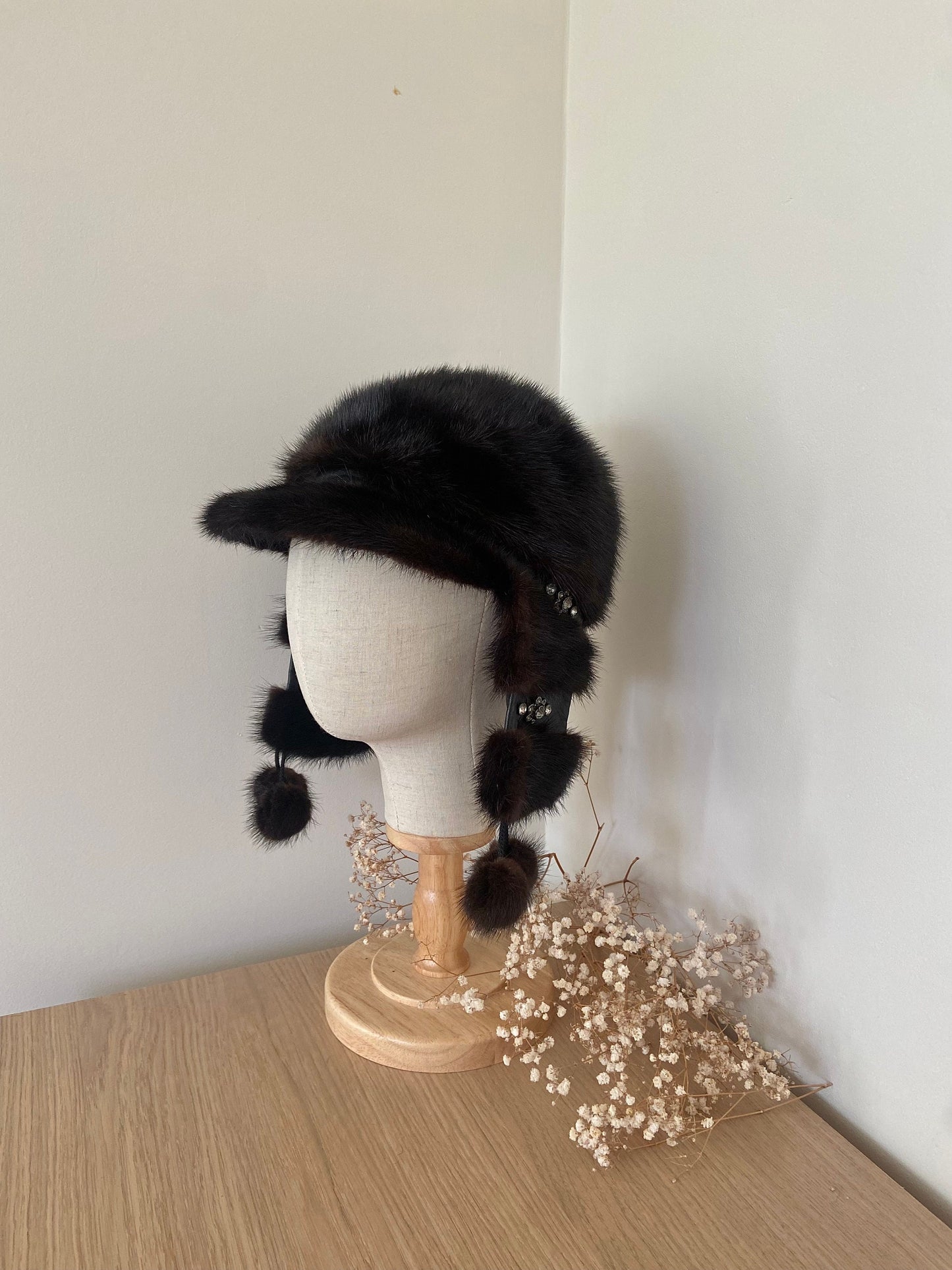 MINK FUR dark brown hat with hanging fur ear covers