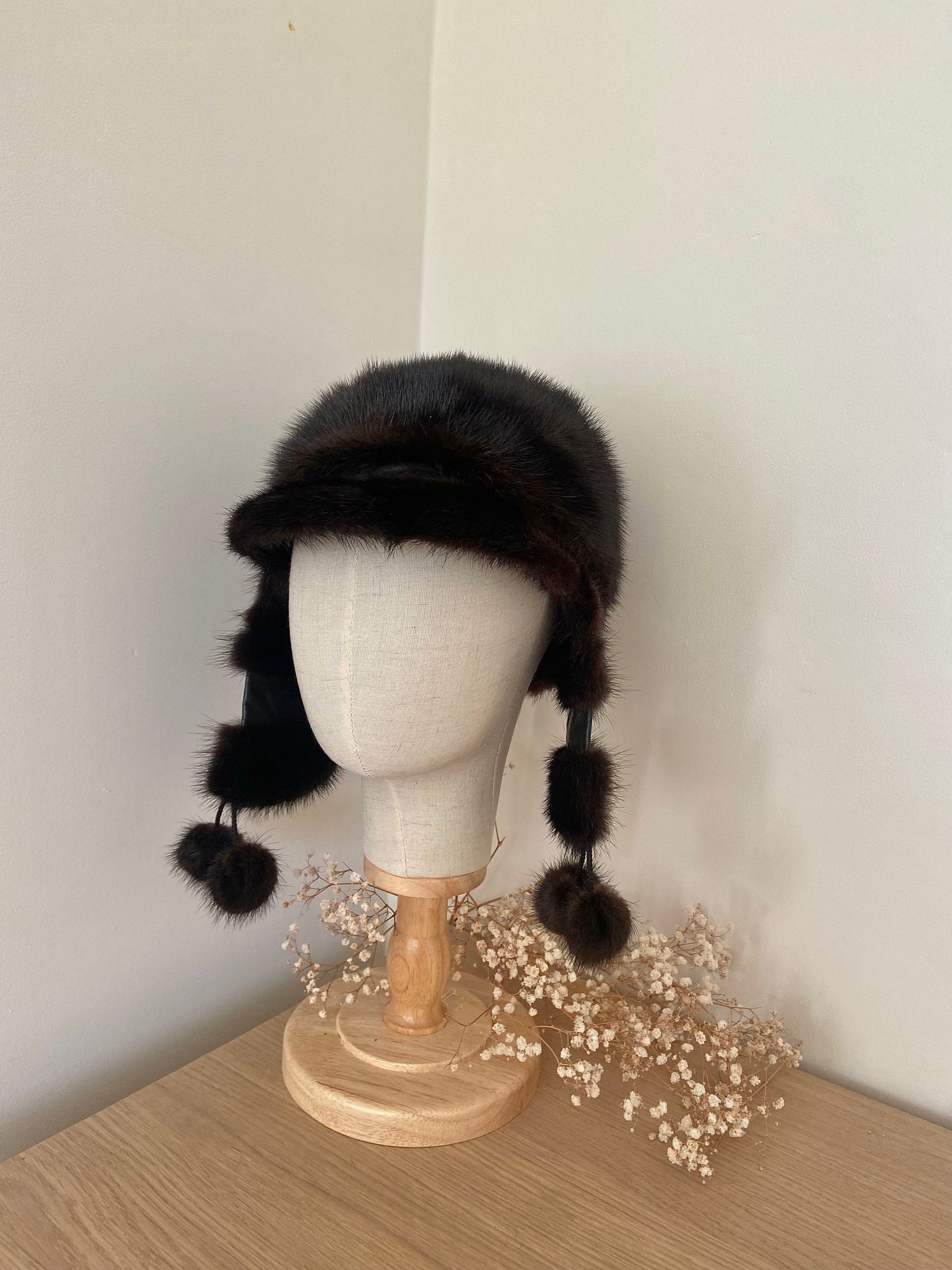 MINK FUR dark brown hat with hanging fur ear covers