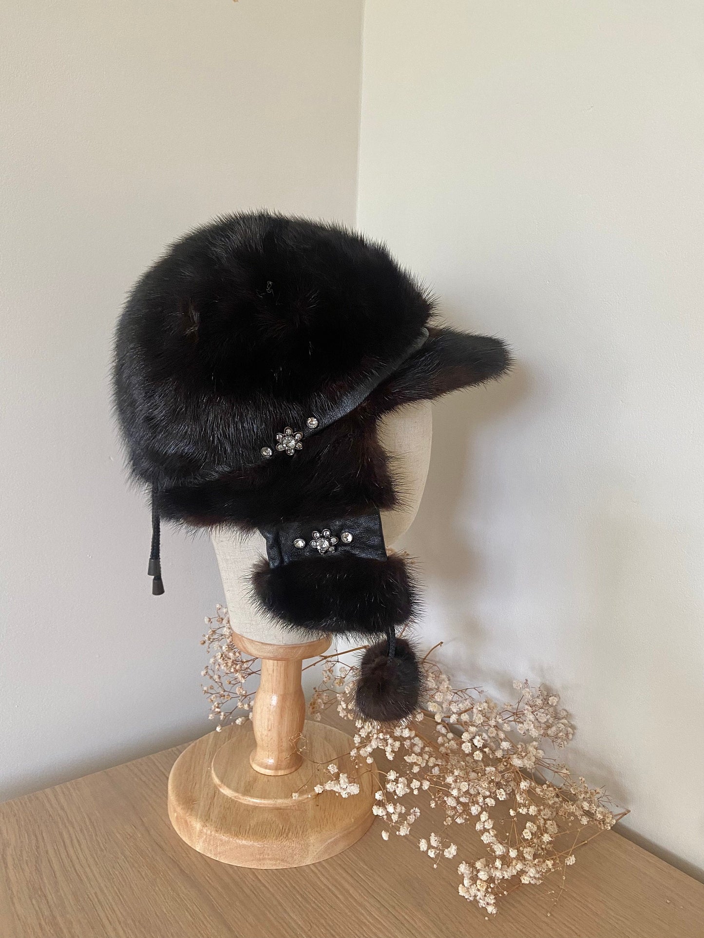MINK FUR dark brown hat with hanging fur ear covers