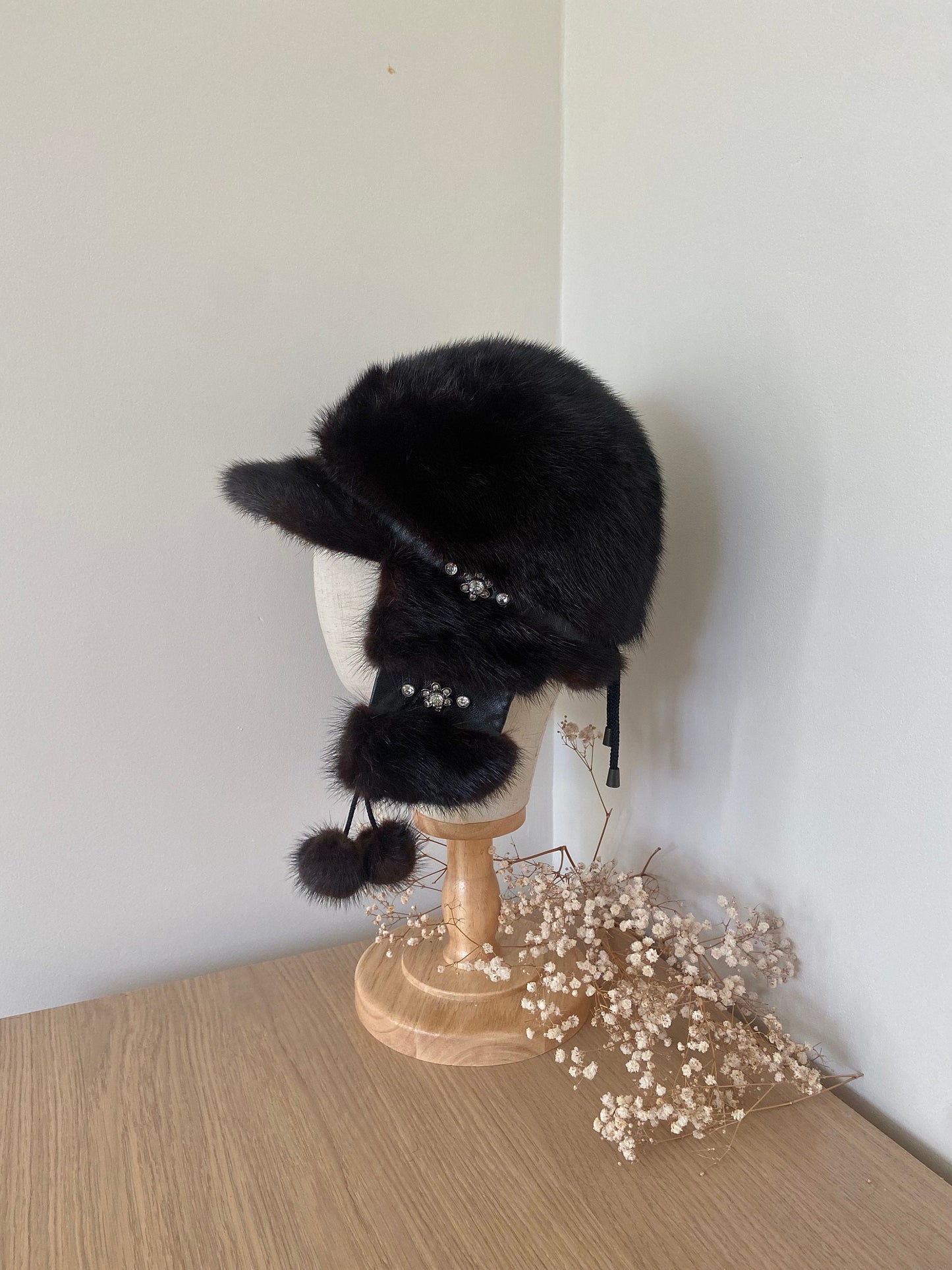 MINK FUR dark brown hat with hanging fur ear covers