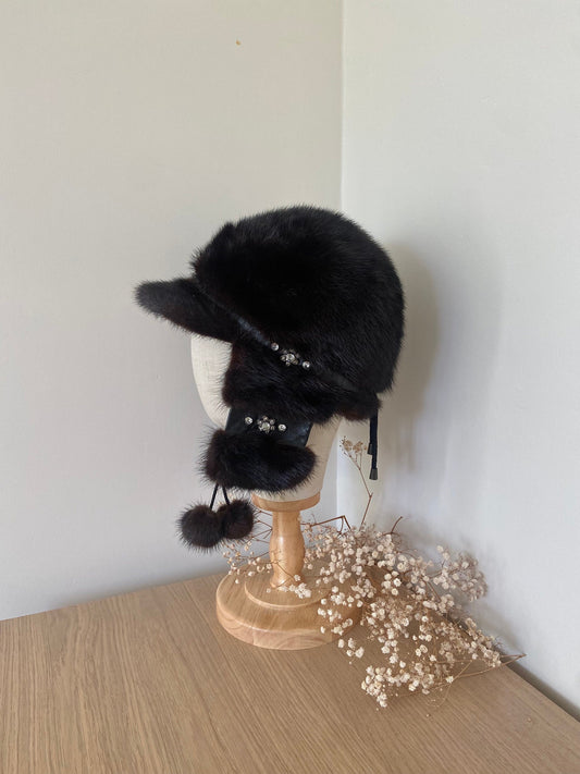 MINK FUR dark brown hat with hanging fur ear covers