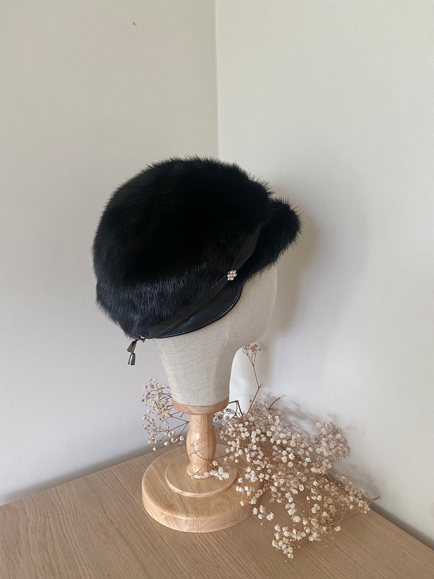 MINK FUR BLACK hat with fur cap / real fur hat leather winter accessories / black winter fur coat / warm winter jacket