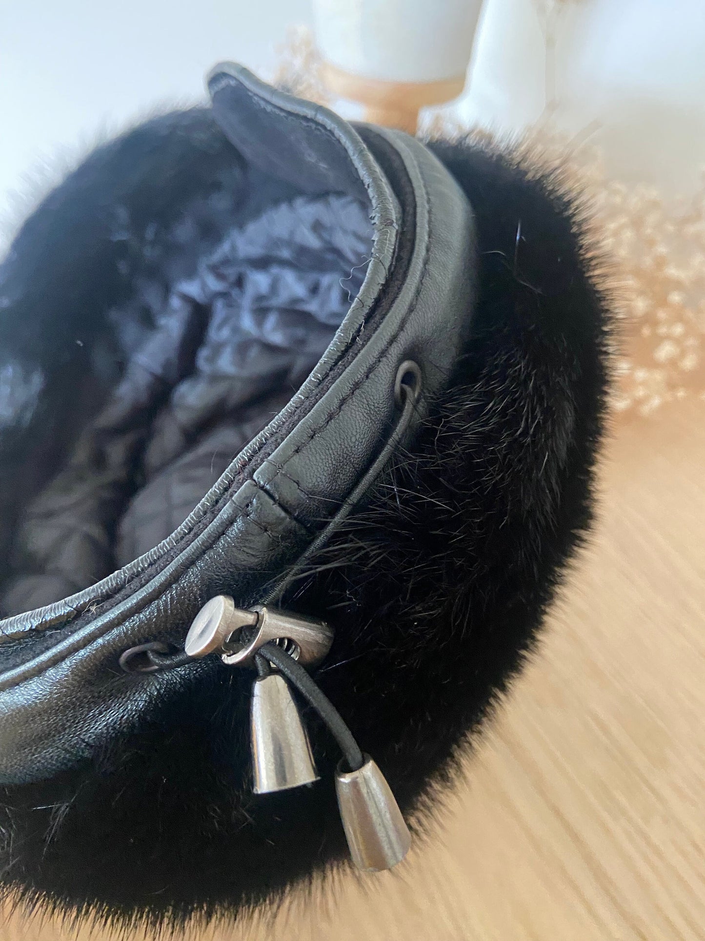 MINK FUR BLACK hat with fur cap / real fur hat leather winter accessories / black winter fur coat / warm winter jacket