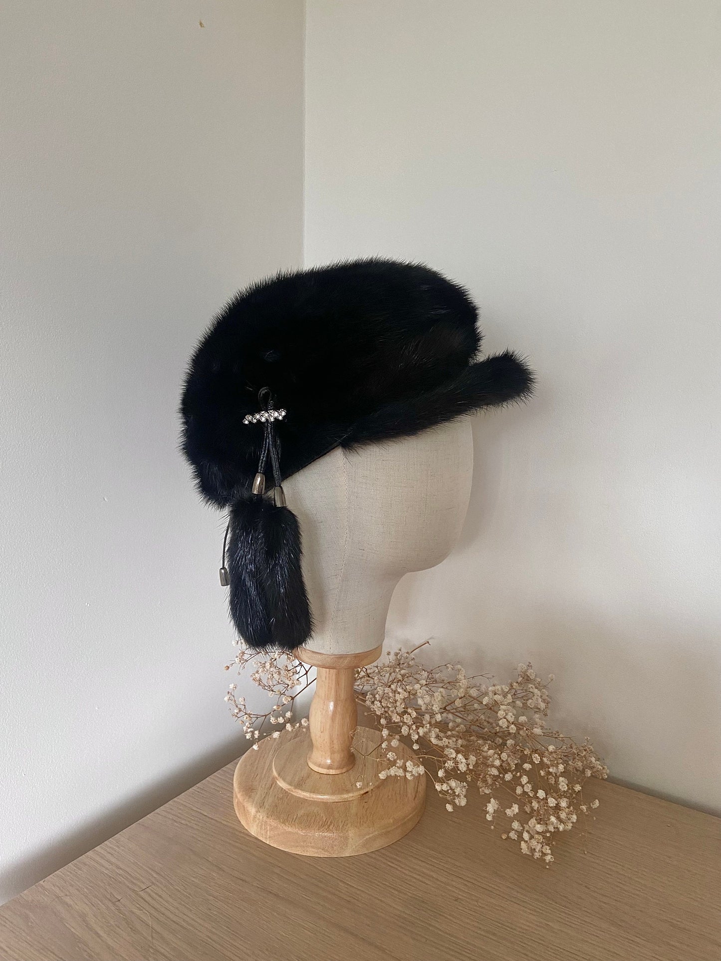 MINK FUR BLACK hat with fur cap and hanging fur accessories